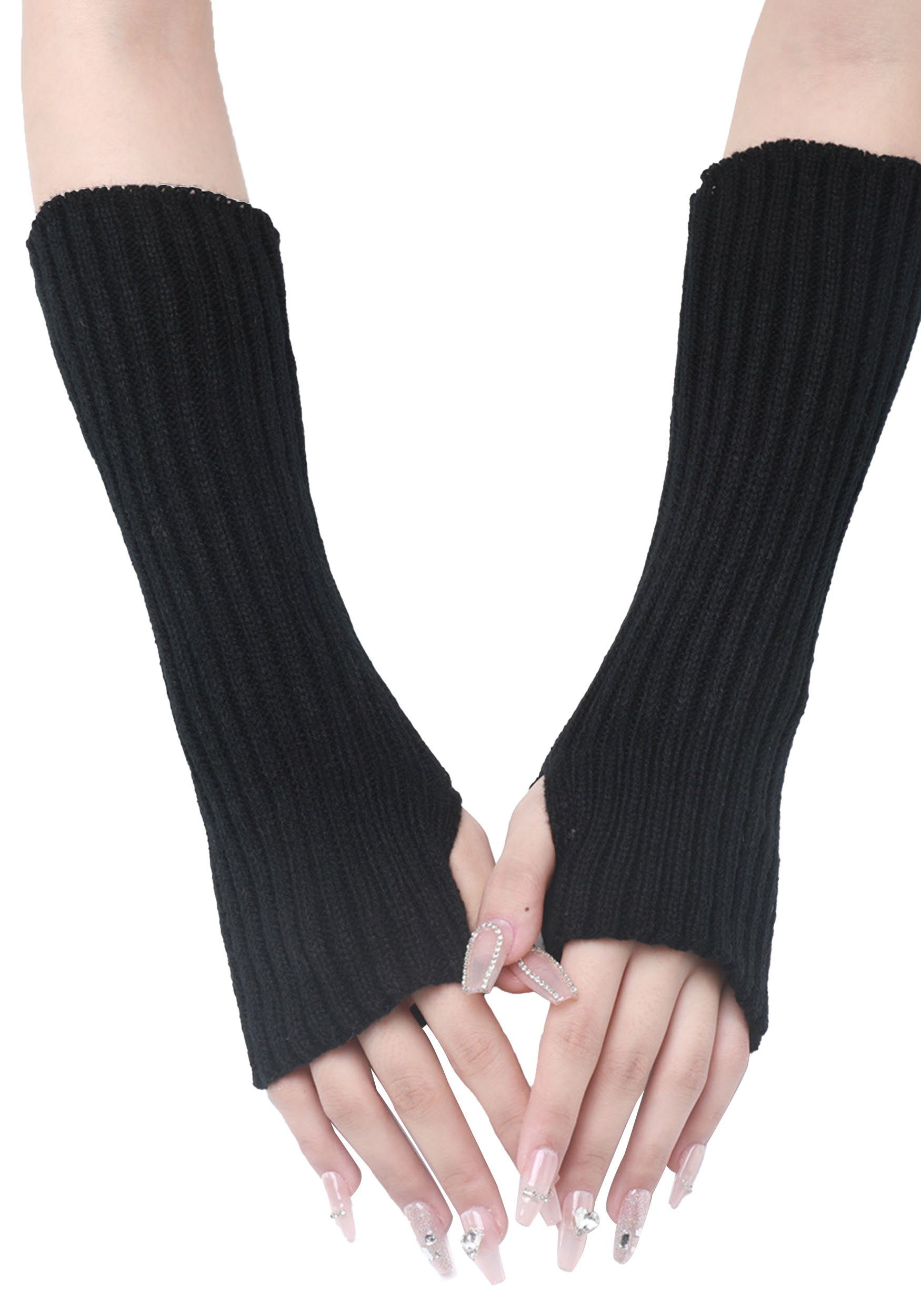 MAGICSHE Strickhandschuhe Lange Fingerlose Armwärmer Daumenloch Dehnbare Handschuhe für Frauen Schwarz