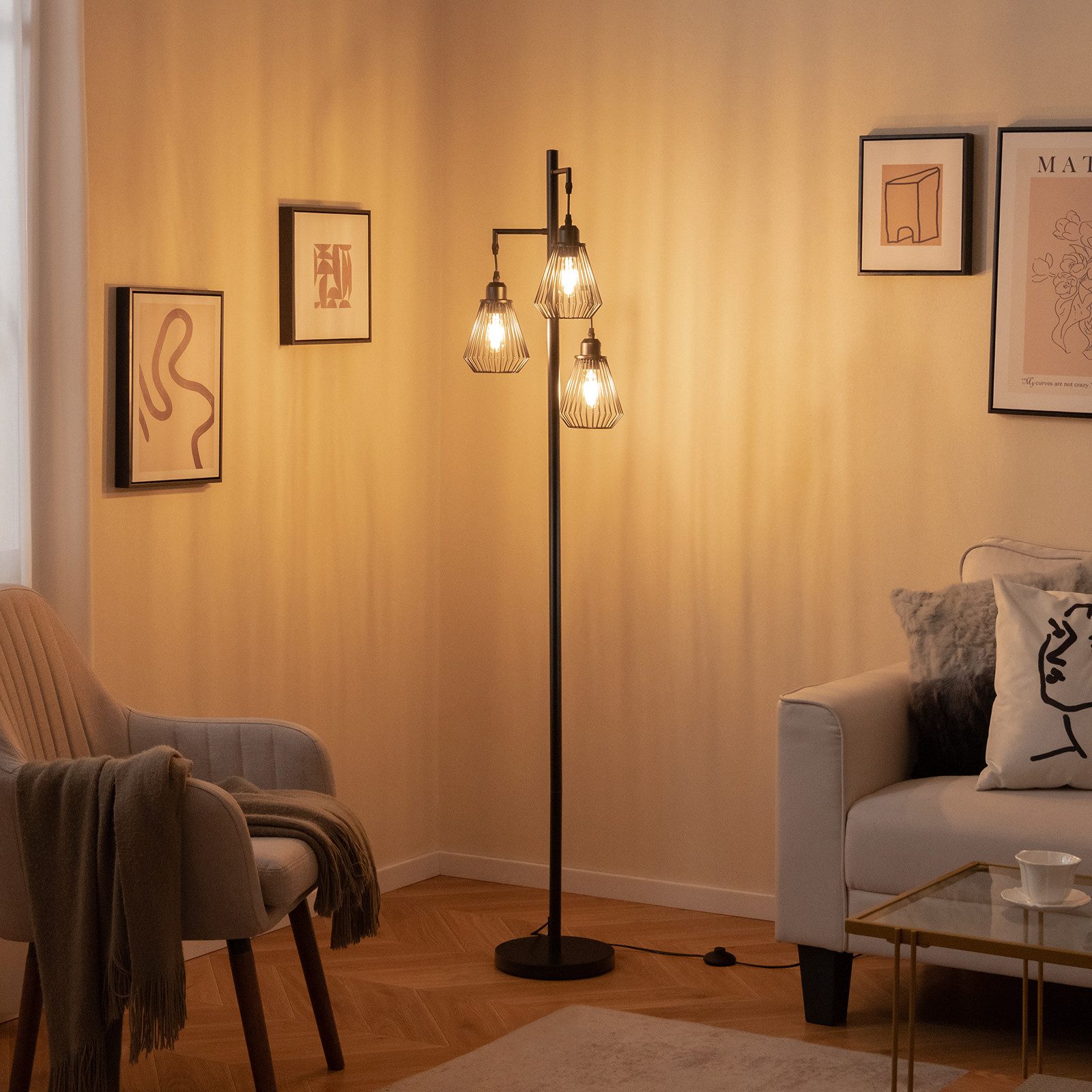 COSTWAY Stehlampe, 169 cm, mit 3 Lampenschirmen, Sockel & Fußschalter günstig online kaufen