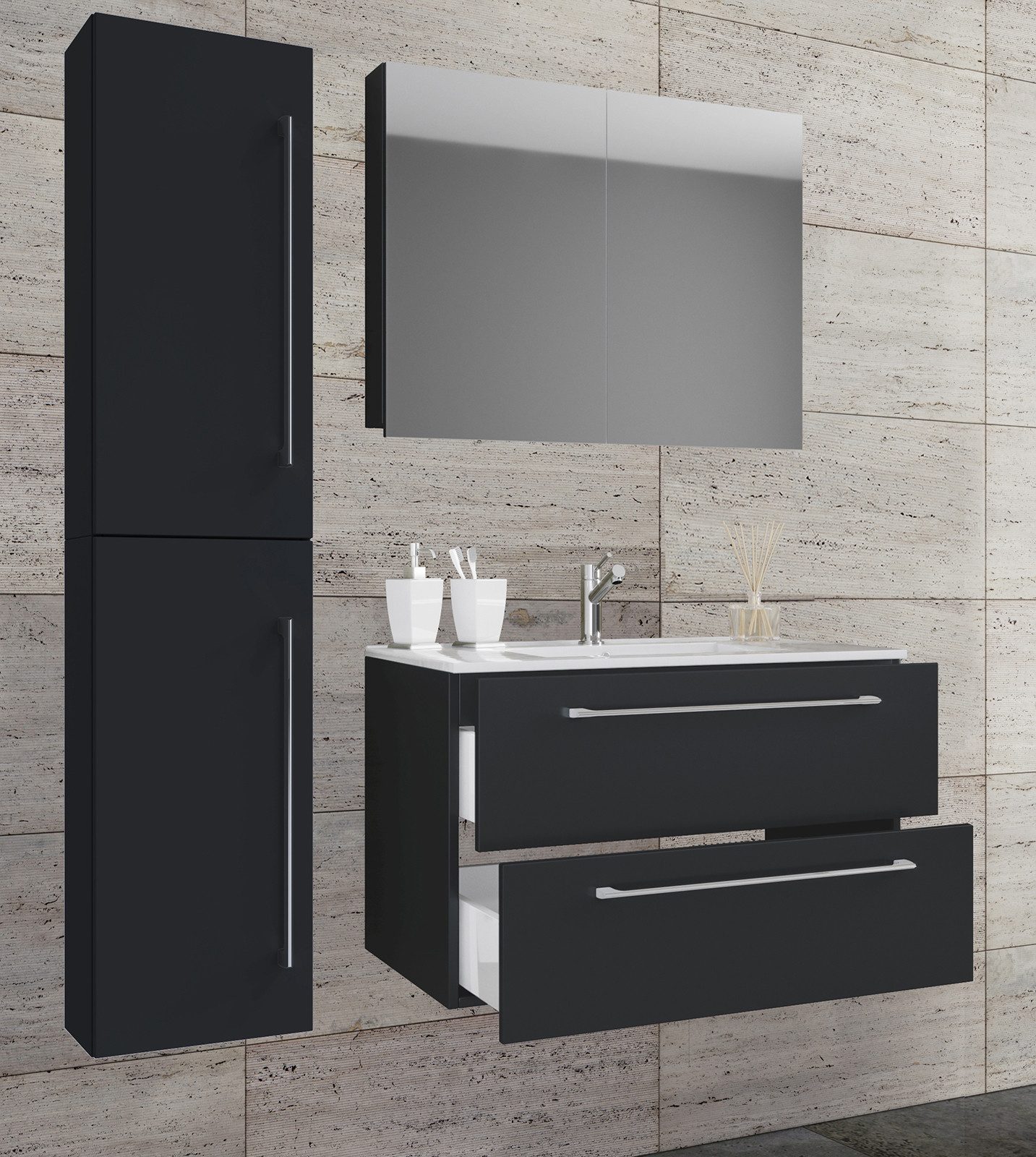 VCM Waschtisch 4 teilig Badmöbel-Set Waschplatz Badinos (Set, 4-St., 1x Unterschrank 1x Waschbecken 1x Spiegelschrank 1x Hochschrank), 4-tlg. Waschplatz, Waschbecken Unterschrank Breite 80 cm, Badmöbel