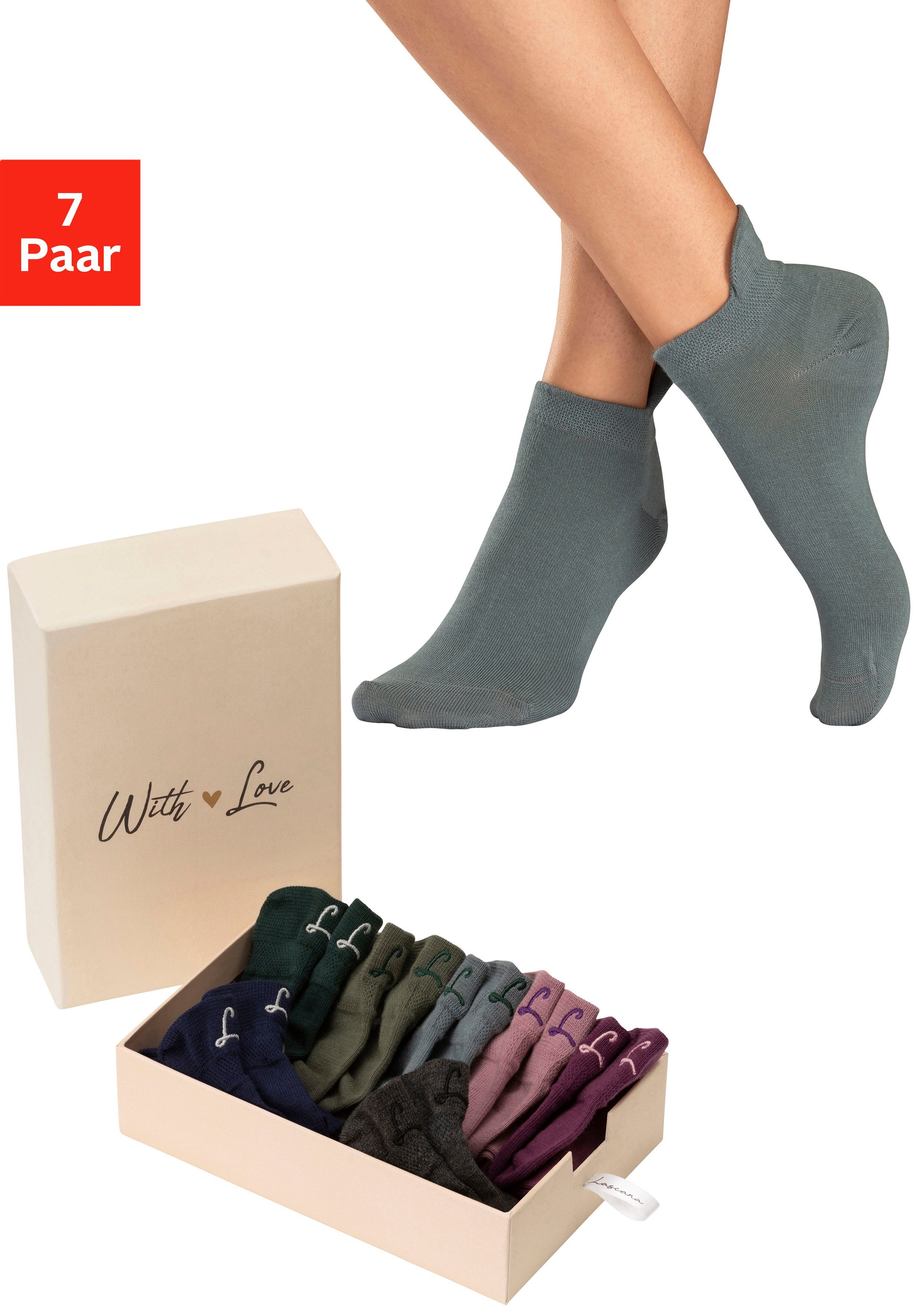 LASCANA Sneakersocken (Set, 7-Paar, Box) mit kleiner Stickerei 1x anthracite, 1x grün, 1x petrol, 1x graugrün, 1x altrosa, 1x beere, 1x marine