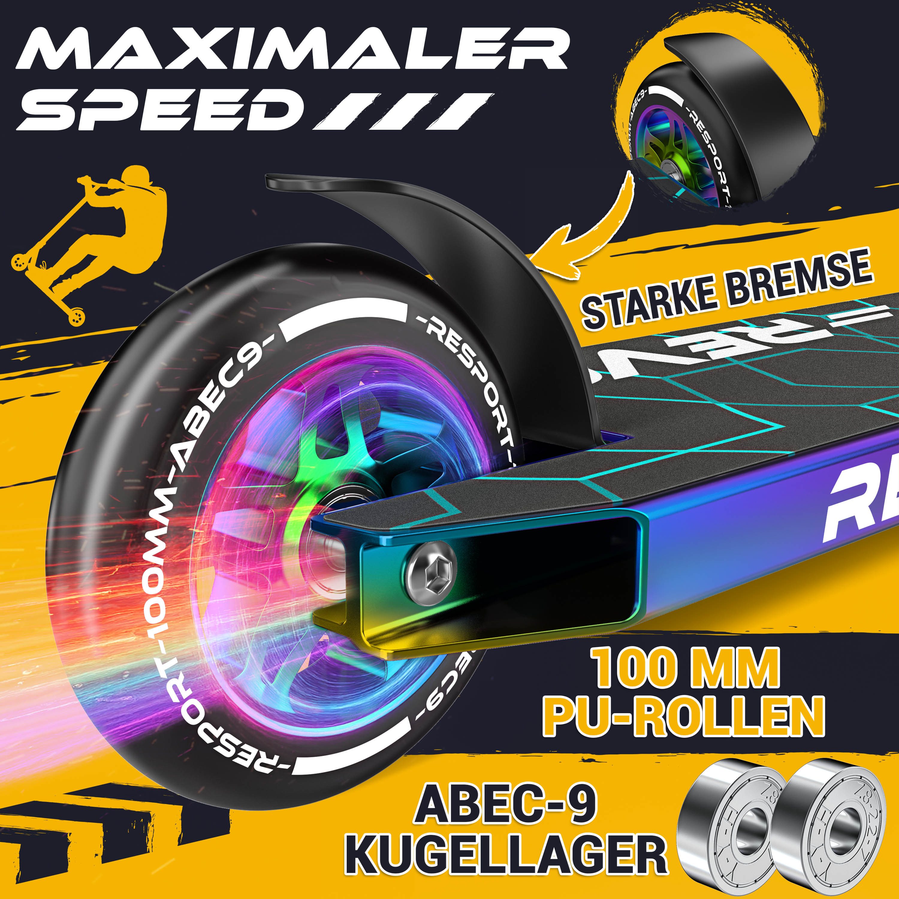 RE:SPORT Cityroller RE:SPORT® Revo Stunt Scooter inkl. Ständer ABEC 9 Kugellagern 100mm, (Stuntscooter Kickscooter ABEC 9 Kugellager Trickroller, mit Ständer Pr – Bild 5 von 5