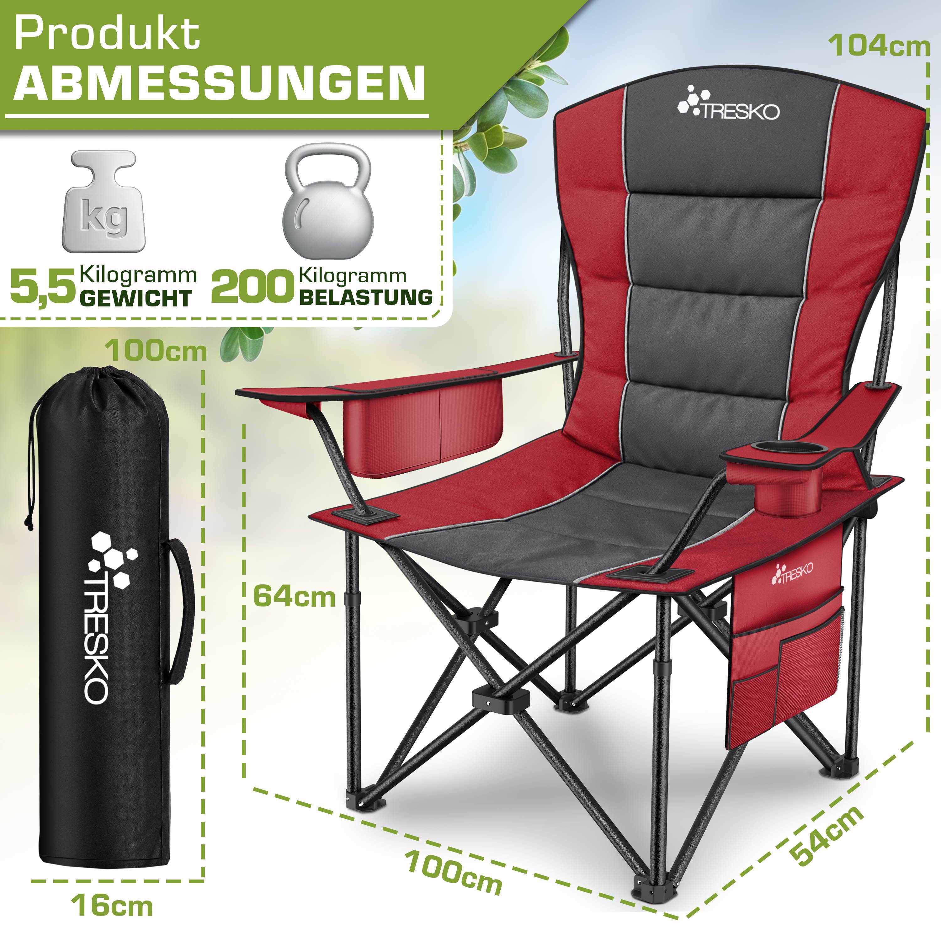 TRESKO Campingstuhl Faltbar bis 200kg Faltstuhl mit Kühltasche, Getränkehalter (Seitentasche, Klappstuhl XXL inkl. Tragetasche Angelstuhl), gepolstert für Outdoor, Angeln, Festival & Garten