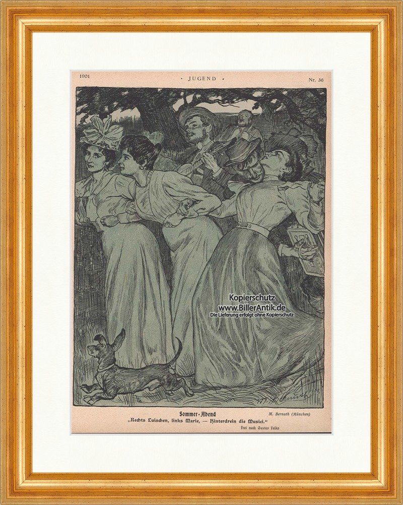 Kunstdruck Sommerabend Max Bernuth Frauen Kleider Gitarre Dackel Musik