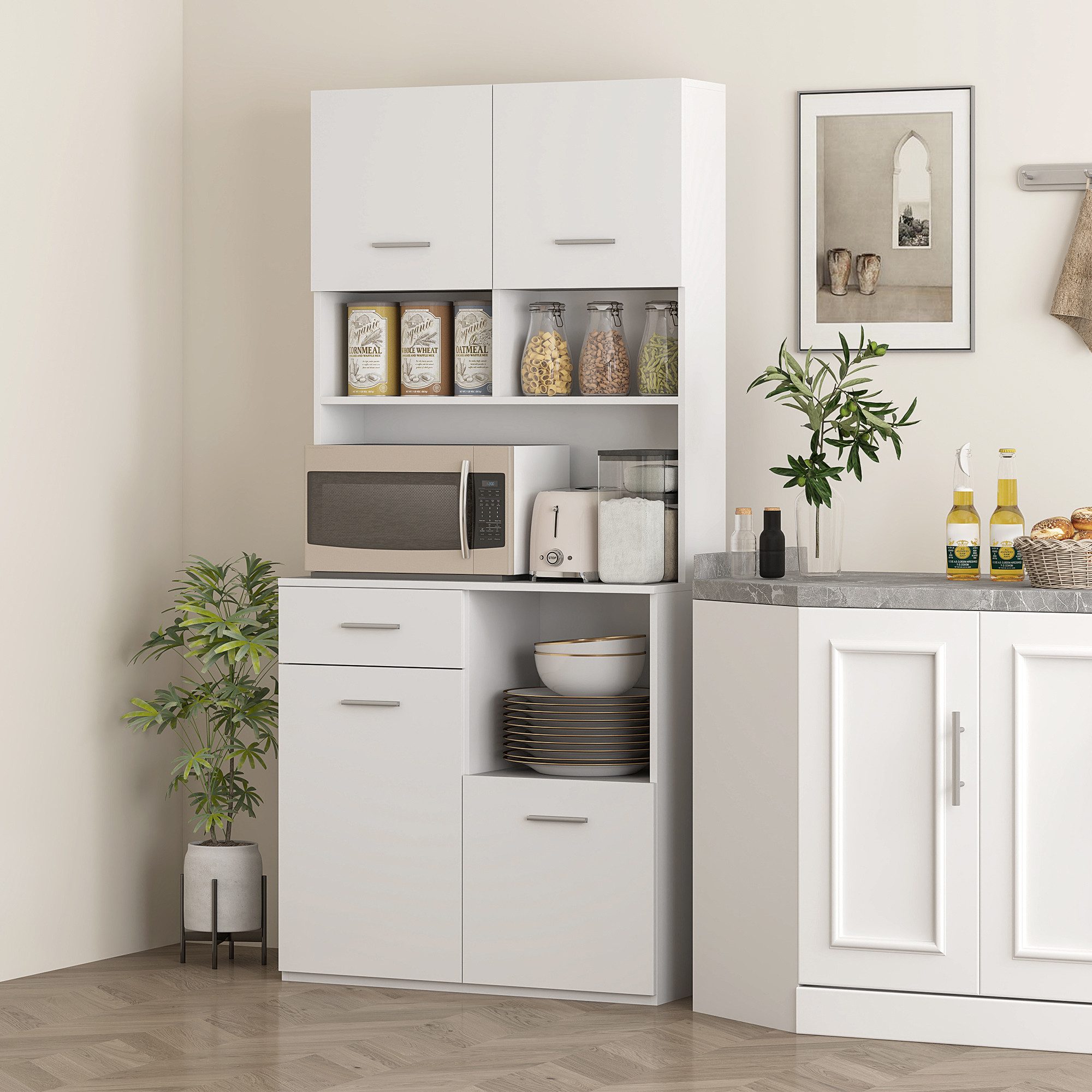 HOMCOM Küchenbuffet Küchenschrank, Hochschrank mit verstellbaren Regal, Schublade (Vitrinenschrank, 1-St., Buffetschrank mit Soft-Close-Tür) Aufbewahrungsschrank für Küche Esszimmer 80x35x180 cm Weiß