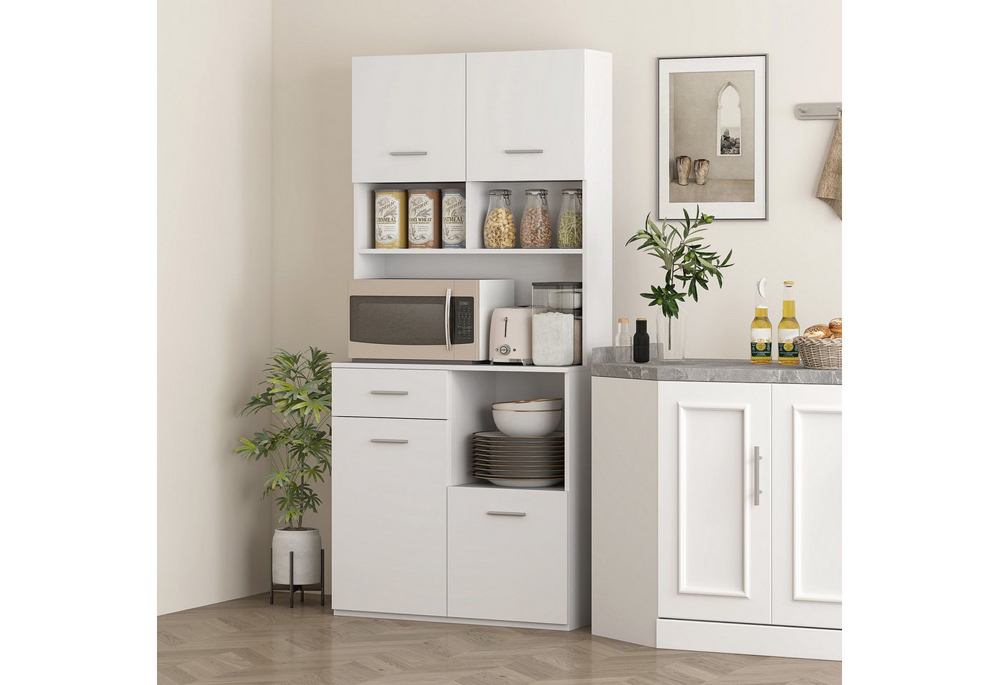 HOMCOM Küchenbuffet Küchenschrank, Hochschrank mit verstellbaren Regal, Schublade (Vitrinenschrank, 1-St., Buffetschrank mit Soft-Close-Tür) Aufbewahrungsschrank für Küche Esszimmer 80x35x180 cm Weiß