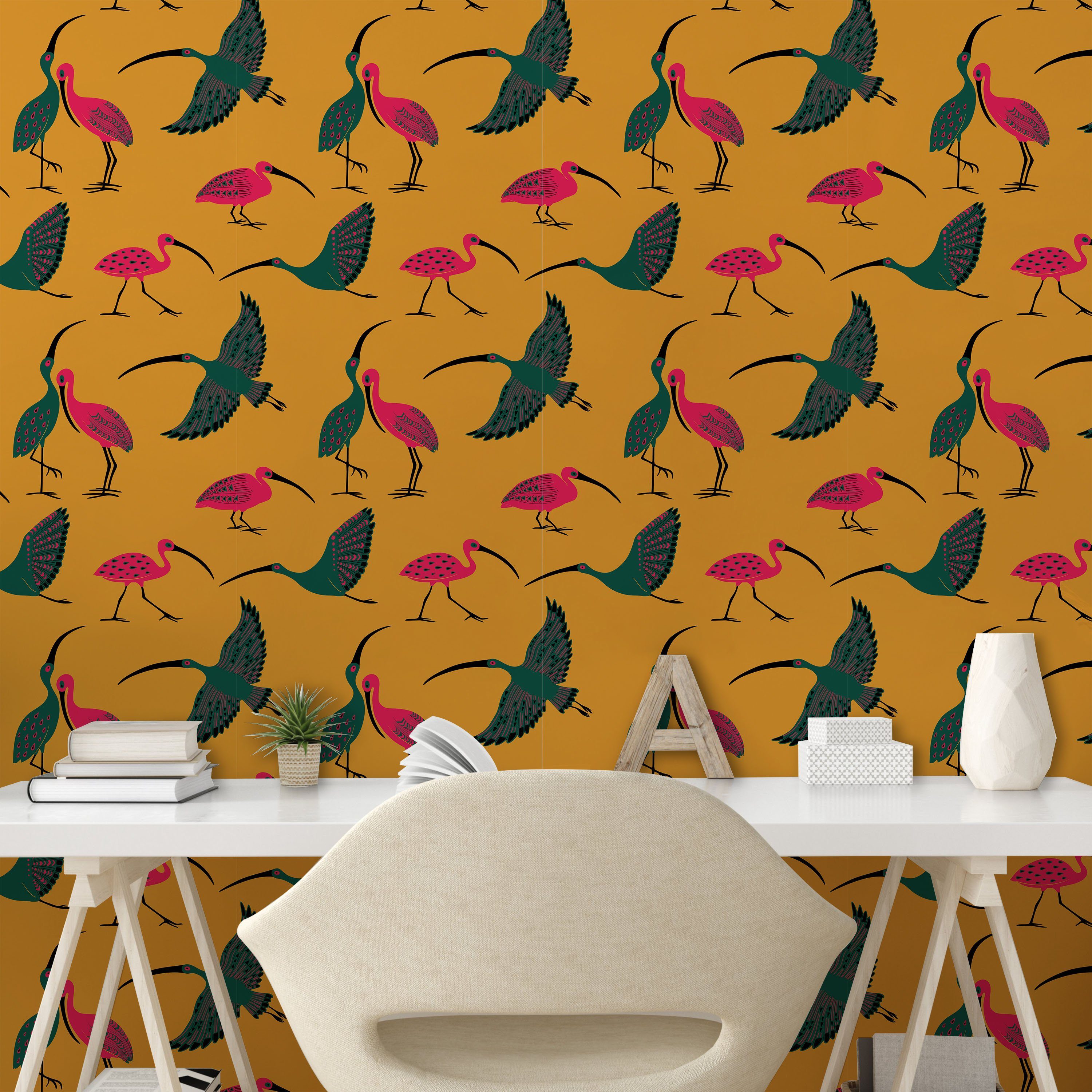 Folk Vögel Abakuhaus Nursery Küchenakzent, Verziert Jungle selbstklebendes Wohnzimmer Vinyltapete