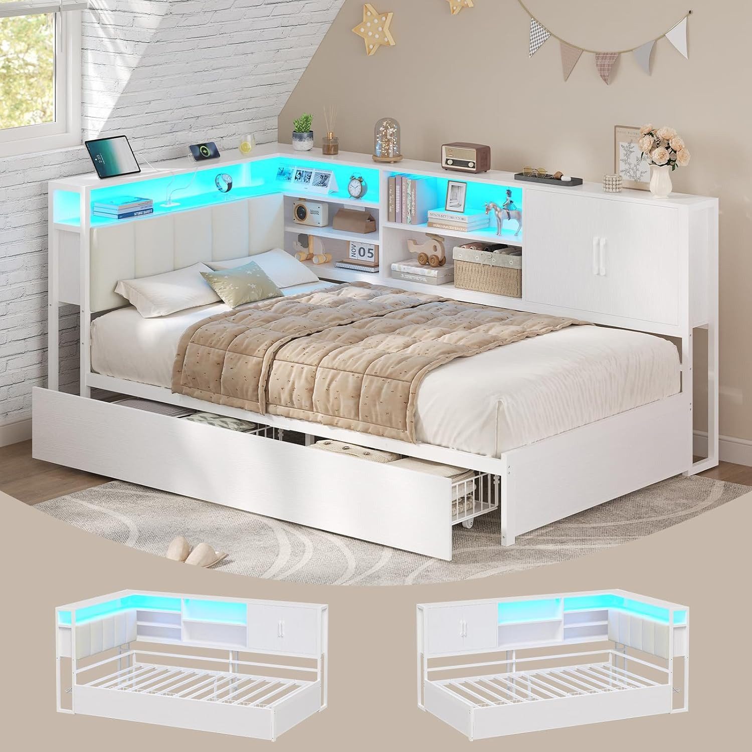KIMENICH Daybett Tagesbett mit LED-Beleuchtung, USB-Ladestation und 2 Schubladen (1 tlg), Jugendbett Polsterbett mit Lattenrost aus Metall, 90x200cm