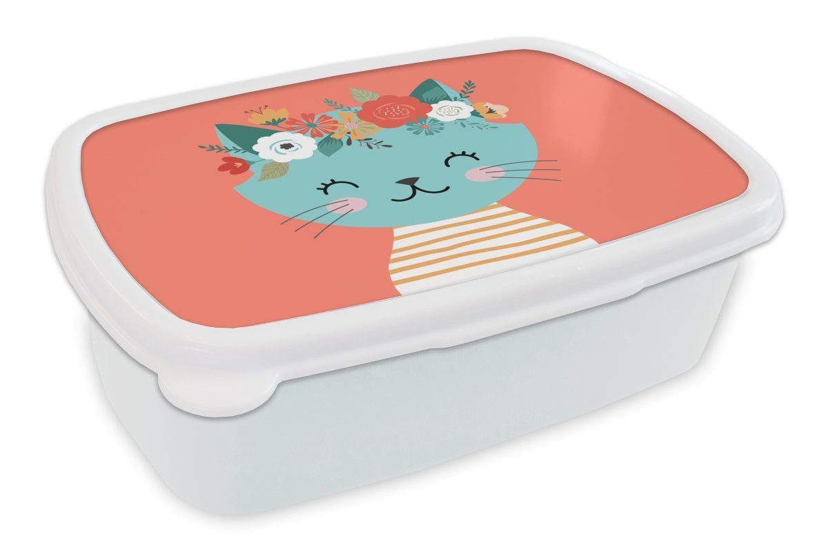 - Kunststoff, MuchoWow und für Brotdose, Erwachsene, weiß Brotbox Katze Blumen - Mädchen Rosa, Jungs Kinder (2-tlg), für und Lunchbox