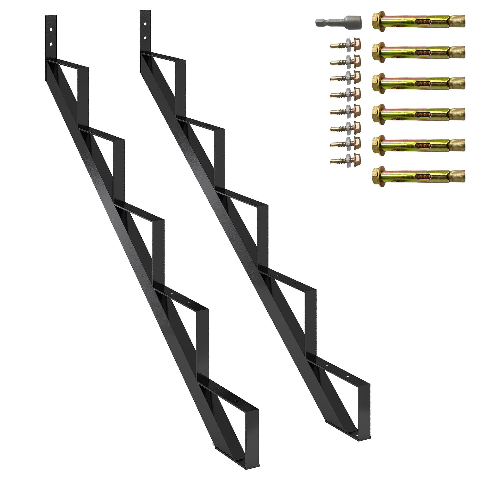 GarveeMore Treppenstufe Stufenrahmen aus Stahl, 5/6/7 Stufen, BxT: 4x150 cm, für Außentreppe, Raumspartreppe, (Set, 2-tlg), 12 Gauge, rostbeständig, für Garten, Baustelle, Werkstatt, Schwarz
