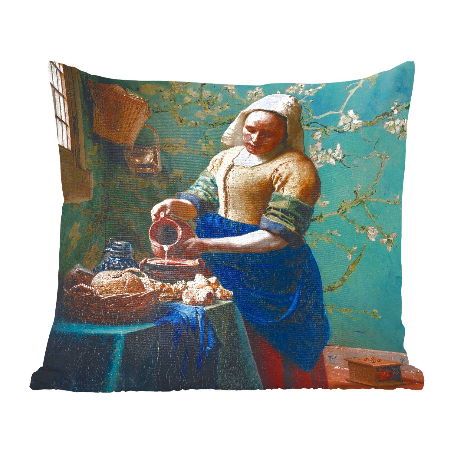 MuchoWow Dekokissen Milchmädchen - Mandelblüte - Van Gogh - Vermeer - Gemälde - Alte, Zierkissen mit Füllung für Wohzimmer, Schlafzimmer, Deko, Sofakissen