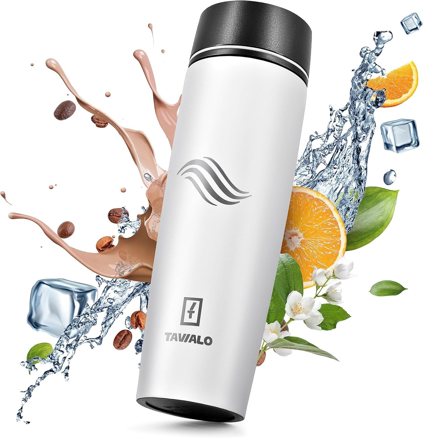 TAVIALO Isolierflasche 460ml schneeweiß matt Inox Edelstahl, Pulverbeschichtung, Kaffeebecher, ideal für Reisen, Schule, Camping, Wanderungen, beim Sport