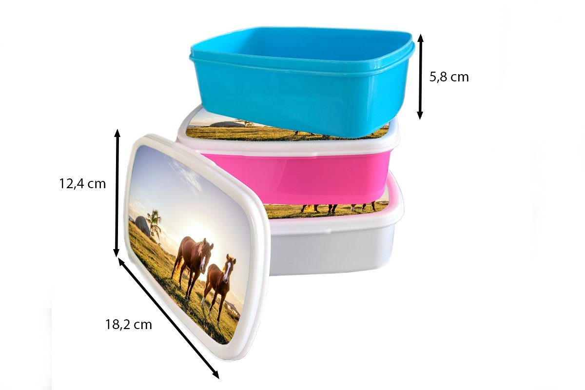 MuchoWow Lunchbox und Mädchen Gras, Sonne und Brotbox Kunststoff, für Erwachsene, (2-tlg), - Kinder Pferde für - Brotdose, weiß Jungs