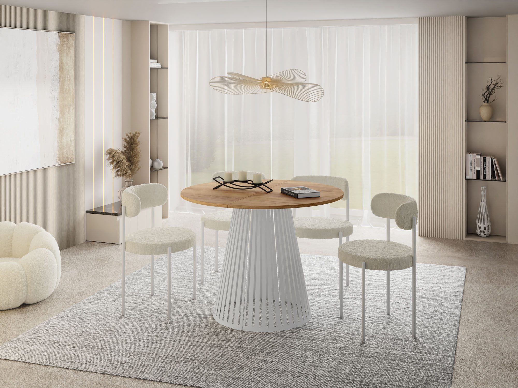 WFL GROUP Esstisch Naro White ausziehbar rund modern mit weißen Metallbeinen (MADE IN EU, erhältlich in 2 Größen – 100/120 cm, ausziehbar auf 180/200 cm), platzsparender Tisch für kleine Küche, Esszimmer oder Wohnzimmer