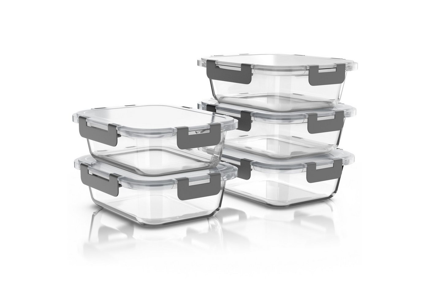Arendo Frischhaltedose mit Deckel 5er Set, Vorratsdosen, Glas-Lunchboxen, auslaufsicher, Borosilikatglas, Kunststoff, (5-tlg), Mikrowellen-, Ofen-, Gefrier- & spülmaschinengeeignet, Klickverschluss