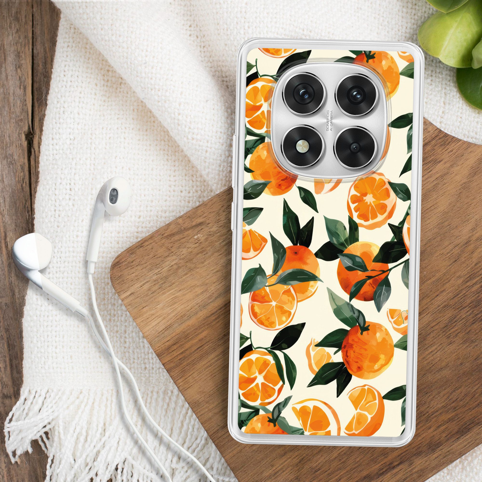 MuchoWow Handyhülle für Xiaomi Redmi Note 14 Pro+ Orangen - Früchte - Blätter - Orange - G, Handy Case, Silikon, Bumper Case Dünn