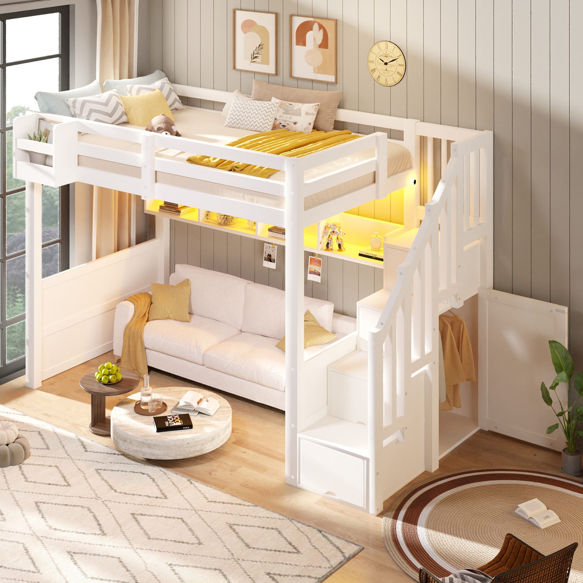 Flieks Hochbett Kinderbett Holzbett 90x200cm mit Stauraumtreppe und LED-Beleuchtung