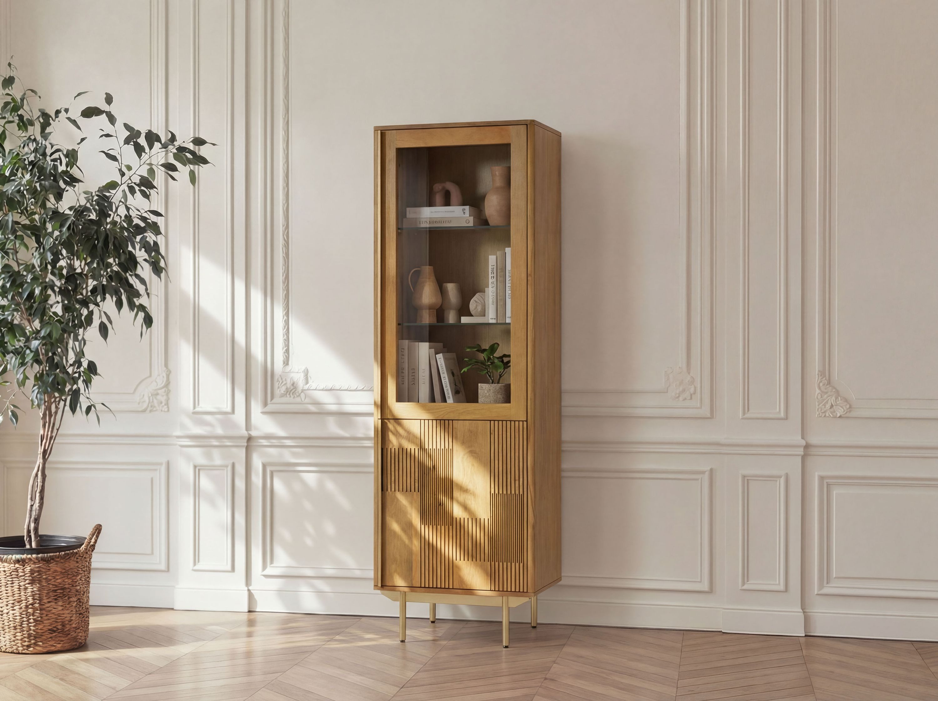 Massivmoebel24 Standvitrine MIAMI (Mango 60x40x180 hellbraun geölt MIAMI #117) Mango 60x40x180 hellbraun geölt MIAMI #117