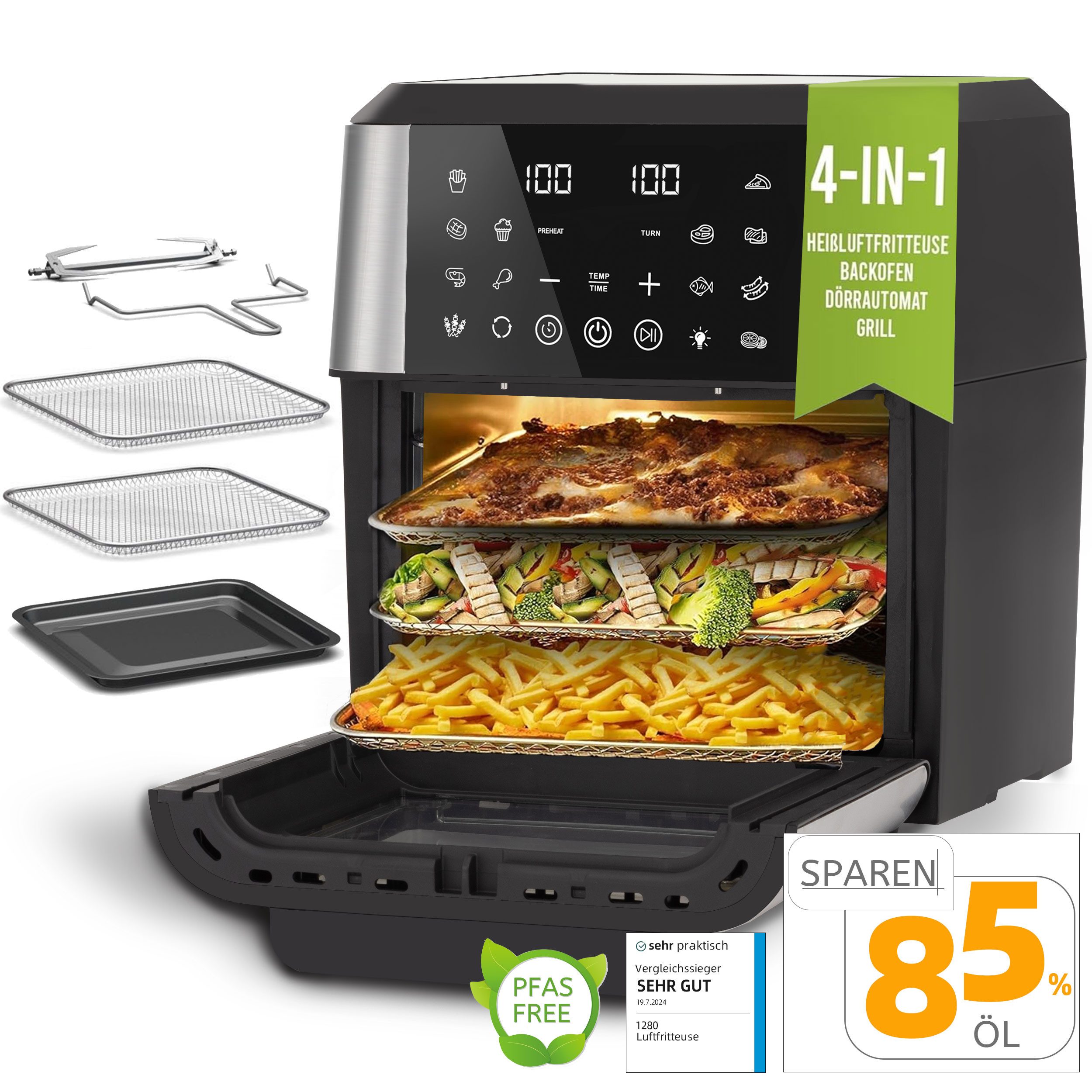 Sinaopus Heißluftfritteuse 11 L – XXL Air Fryer & Mini-Backofen in einem, 12 programme, 1800 W, Gesünder & sparsamer,LED-Touchdisplay