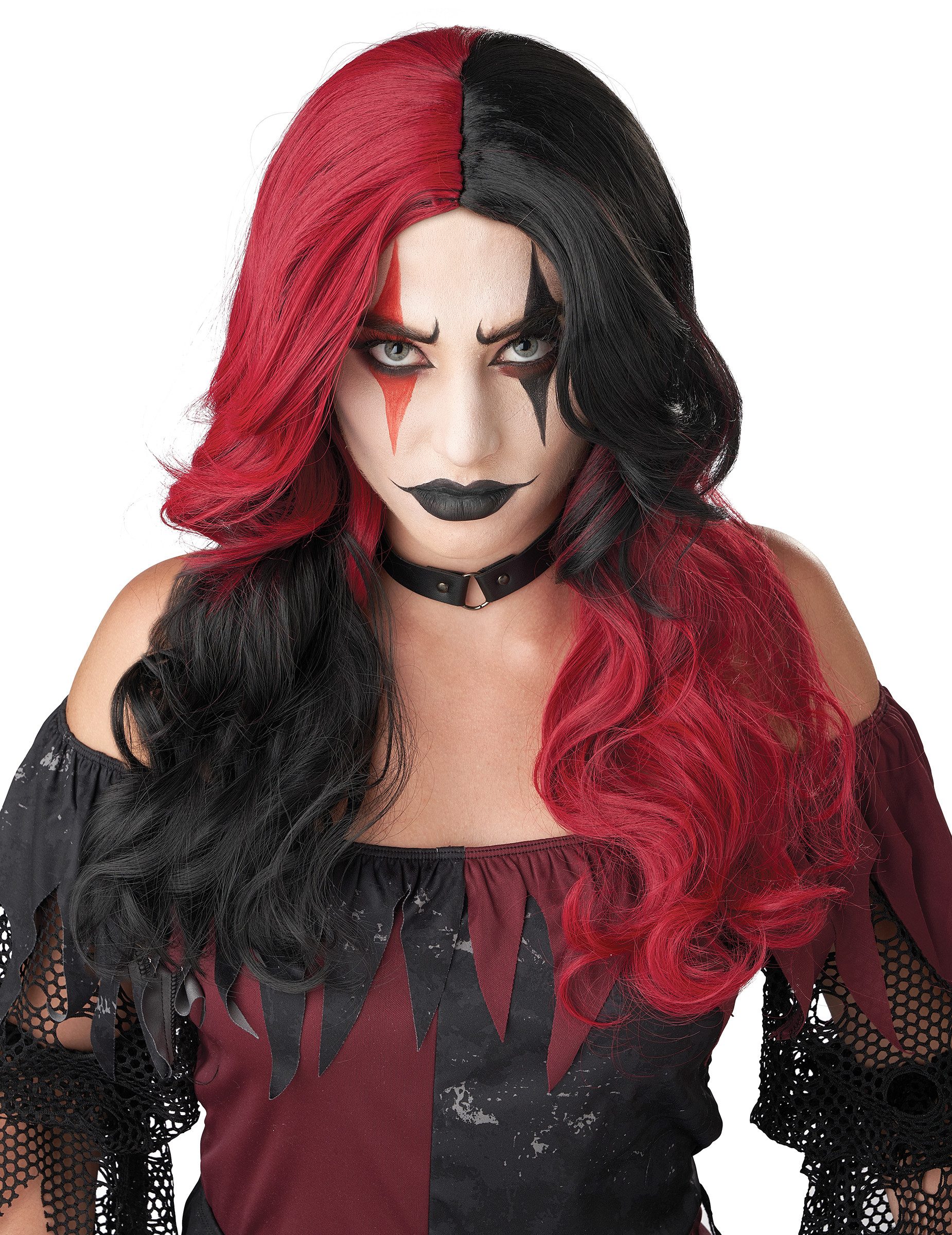 Kostüm Joker-Perücke für Damen in schwarz/rot, Erwachsene