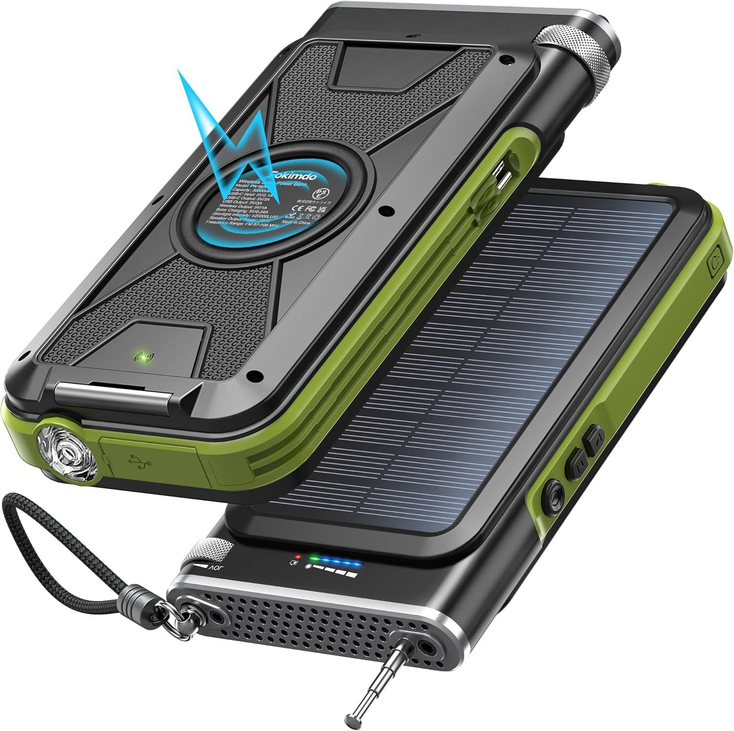 Vivitar Powerbank mit FM-Radio, 26800 mAh drahtlos schnell aufladende Solarladegerät (6in1 Multi-Funktions-Powerbank, 26800mAh Akku mit großer Kapazität, Taschenlampe, Kabelloses Laden, Schnellladung, FM-Radio, USB C Externer Akku mit 5 Outputs, für Smartphones, Tablet)