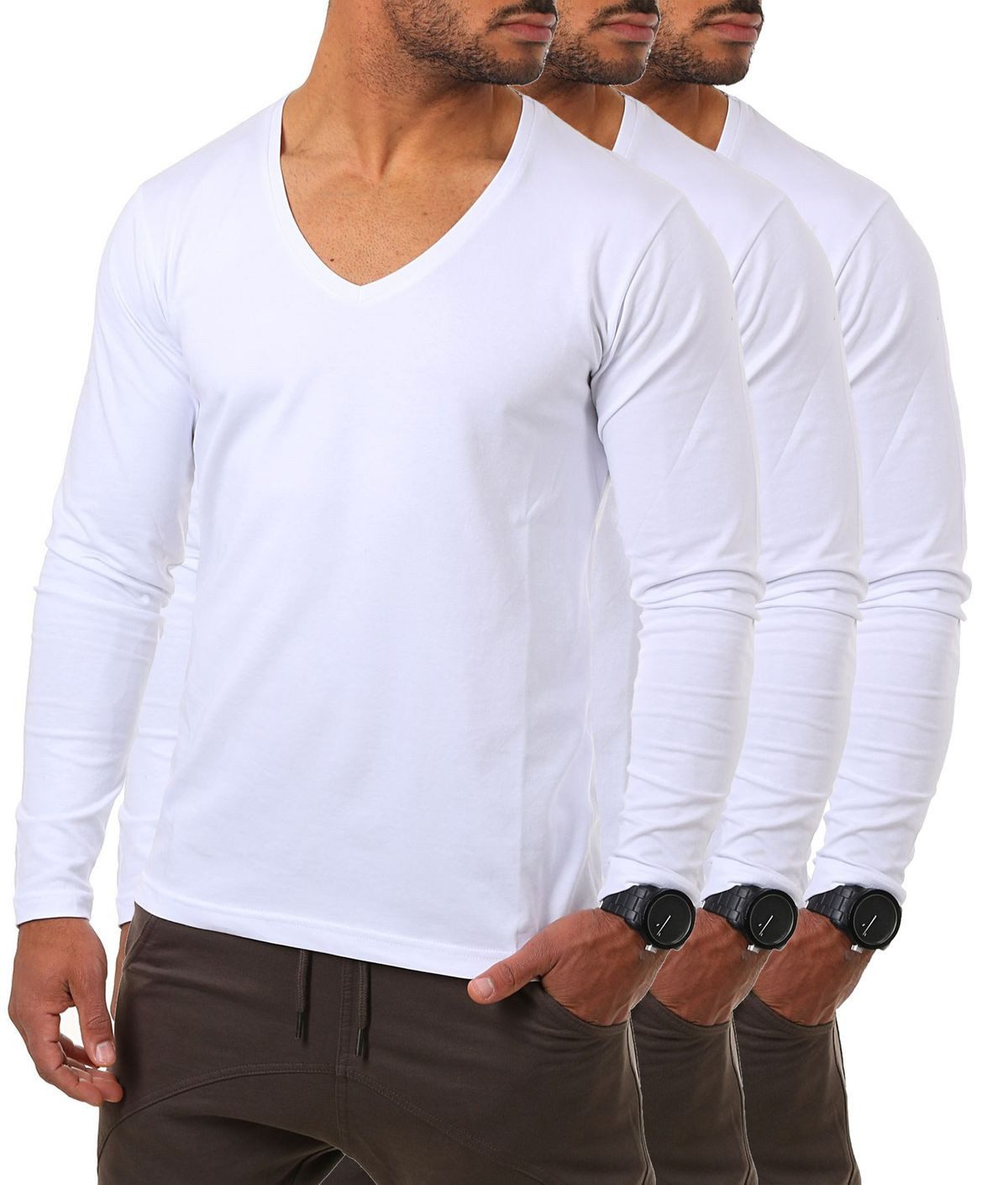 Young & Rich Langarmshirt Herren Uni Basic tiefer V-Ausschnitt Longsleeve Unterziehshirt 2239 V-Ausschnitt unifarben langarm slim fit