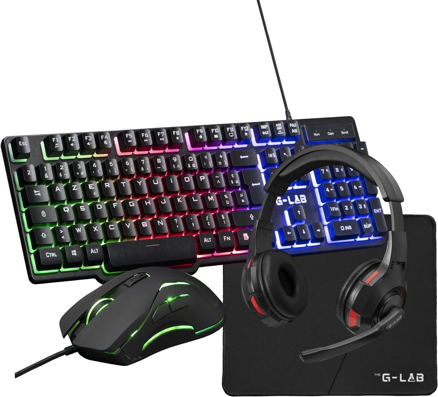 THE G-LAB New 2024 Sulfur - 4-in-1-Gaming Pack Tastatur- und Maus-Set, RGB-Maus, 3200 DPI, RGB, rutschfeste Matte, komplettes Gaming-Pad