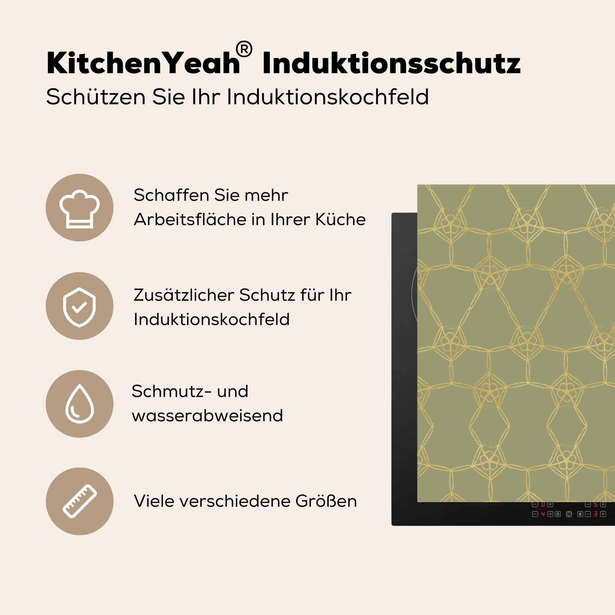 Luxus Muster Herdblende-/Abdeckplatte - Gold, küche Arbeitsplatte Grün für (1 - 78x78 cm, MuchoWow tlg), - Ceranfeldabdeckung, Vinyl,
