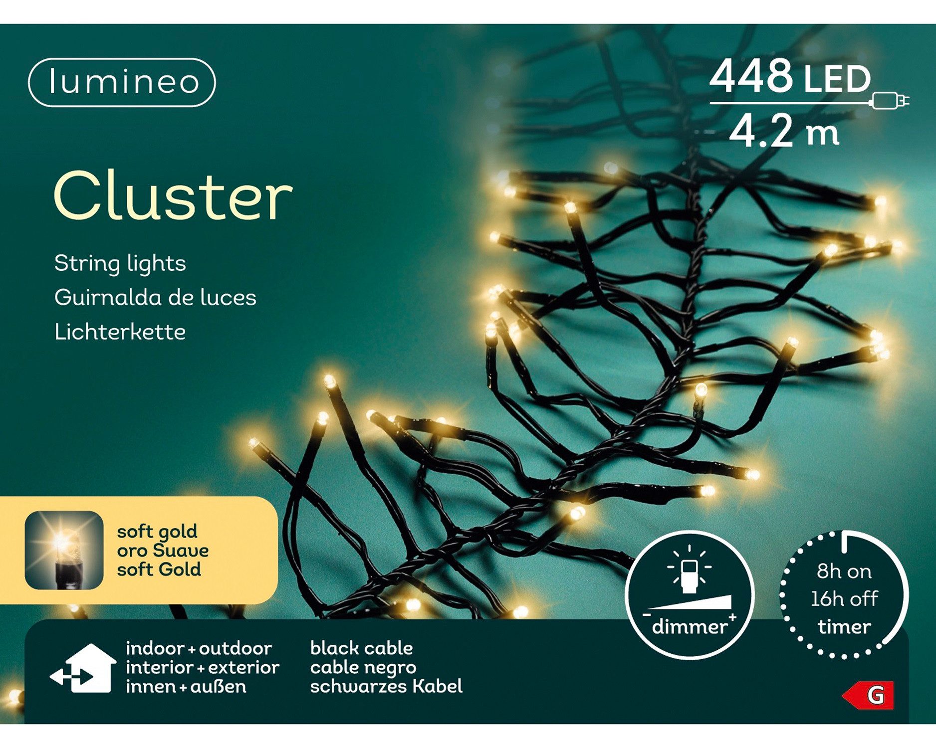 Lumineo LED-Lichterkette Lumineo Lichterkette CLUSTER 448 LED 4,2 m Soft Gold, schwarzes Kabel, Indoor/Outdoor, dimmbar, 8h-Timer, + 5 m Zuleitung