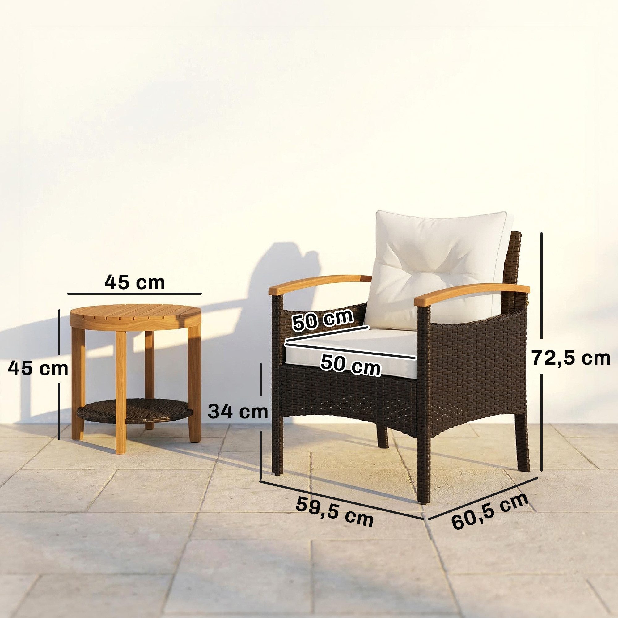 Outsunny Sitzgruppe mit 2 Sessel, 2-Ebene Holz Tisch & Armlehne, dicke waschbare Kissen, (Gartenmöbel-Set, 3-tlg., Rattan Bistroset), für Garten, Terrasse Cremeweiß