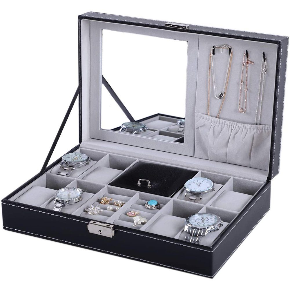 Rosnek Uhrenbox 8 Uhrenfächer, mit Spiegel und Schloss, für Uhren Brillen Ringe (1 St), Schmuckkästchen, Präsentation und Aufbewahrung