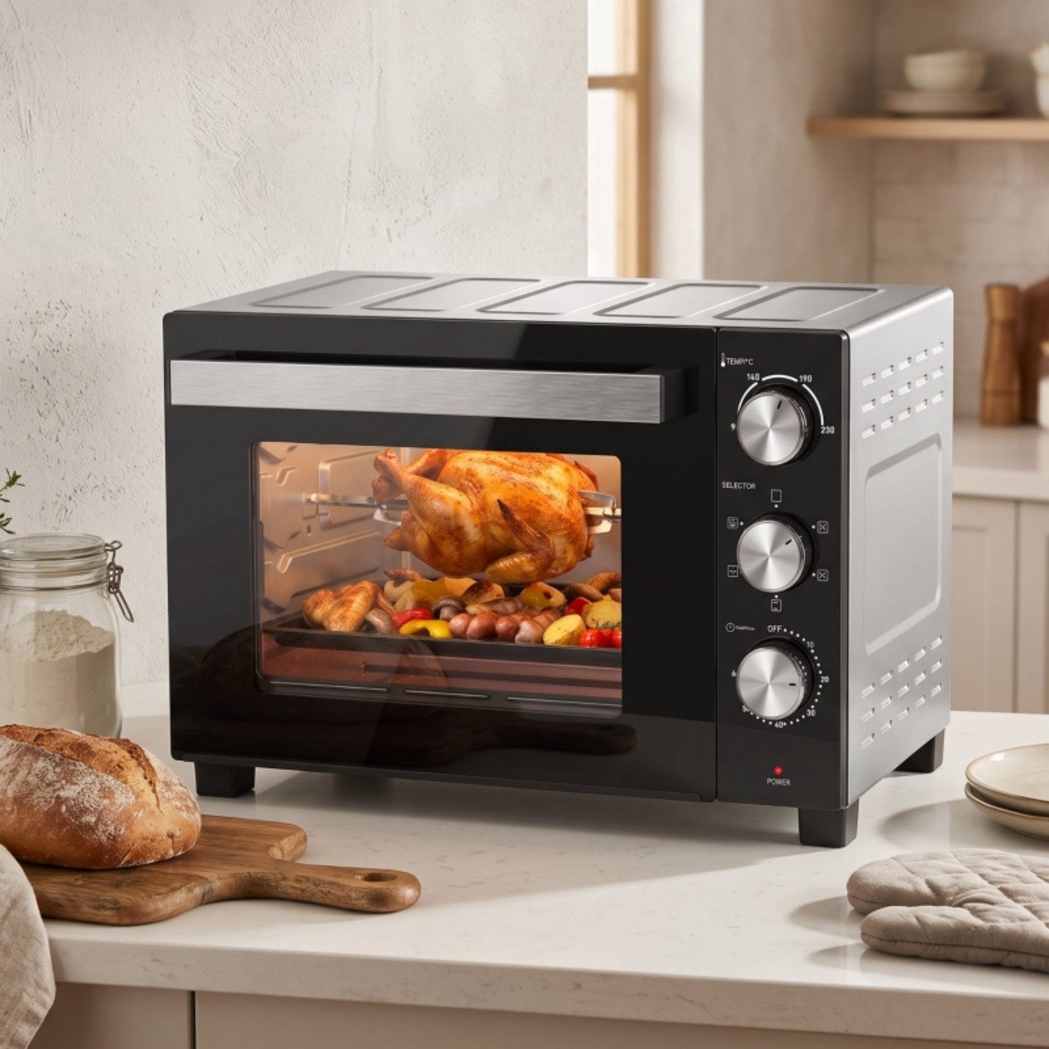 Fyrove Minibackofen 36 L Miniofen mit Umluft, 90–230 °C Temperaturregelung, 1500 W, Umluft, Drehspieß‑Funktion, Ober‑/Unterhitze