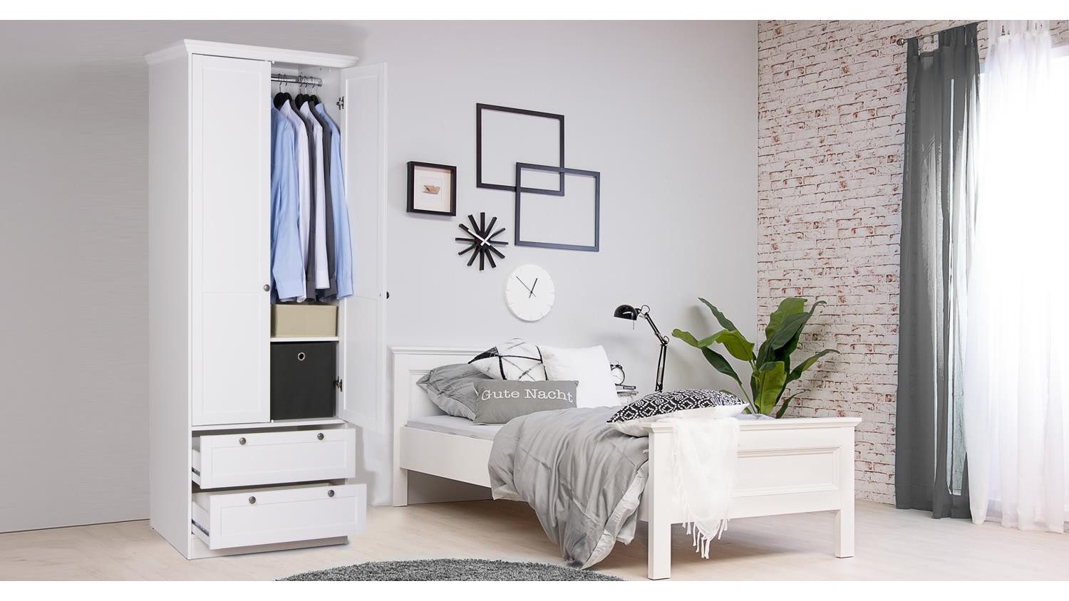 Finori Kleiderschrank Kleiderschrank Landwood weiß 2 Schubkästen Landhausstil 80 cm