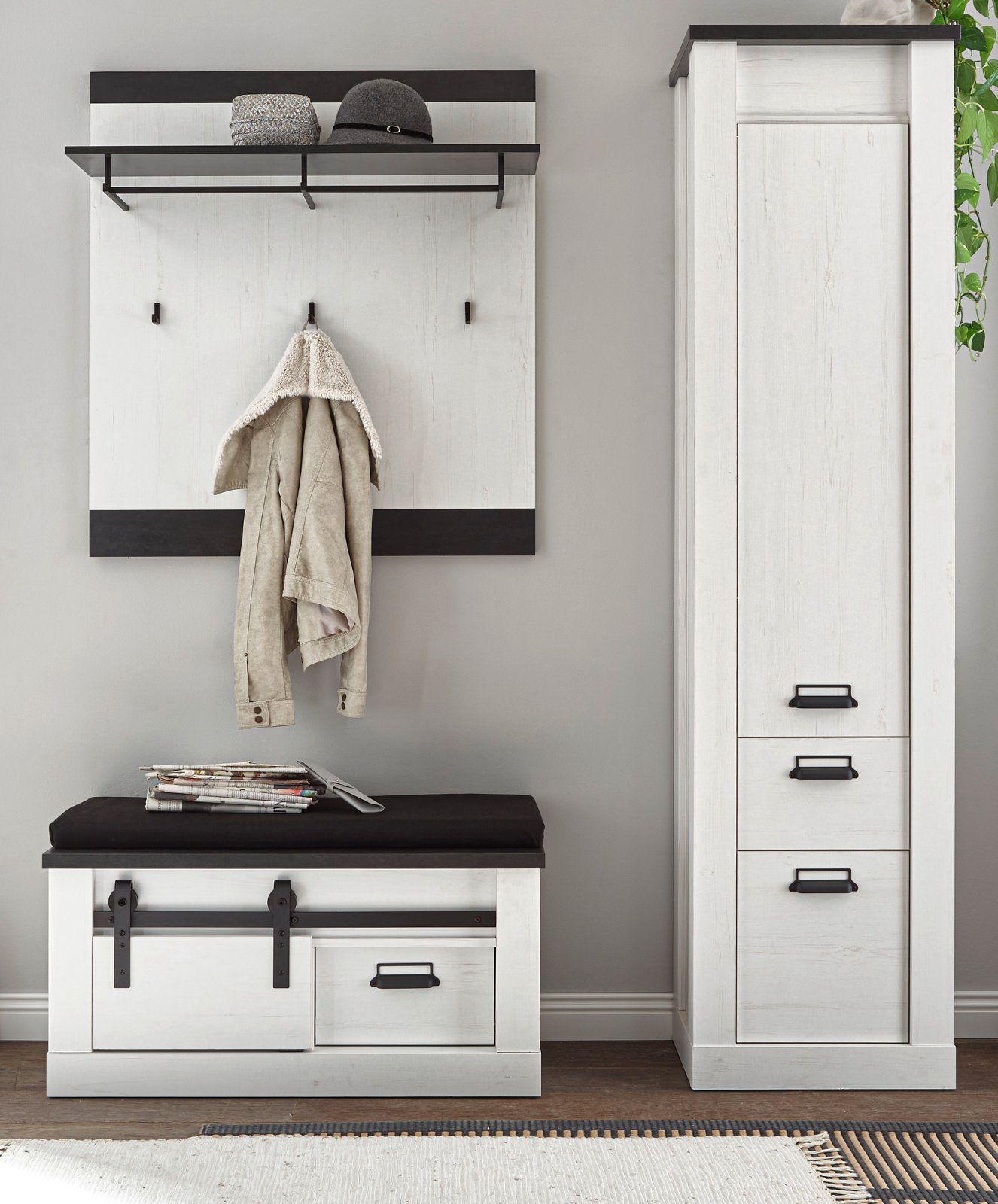 Furn.Design Garderoben-Set Stove, (Flurgarderobe in Pinie weiß Landhaus, 3-teilig, inklusive Sitzkissen), mit Schiebetür und Soft-Close-Funktion