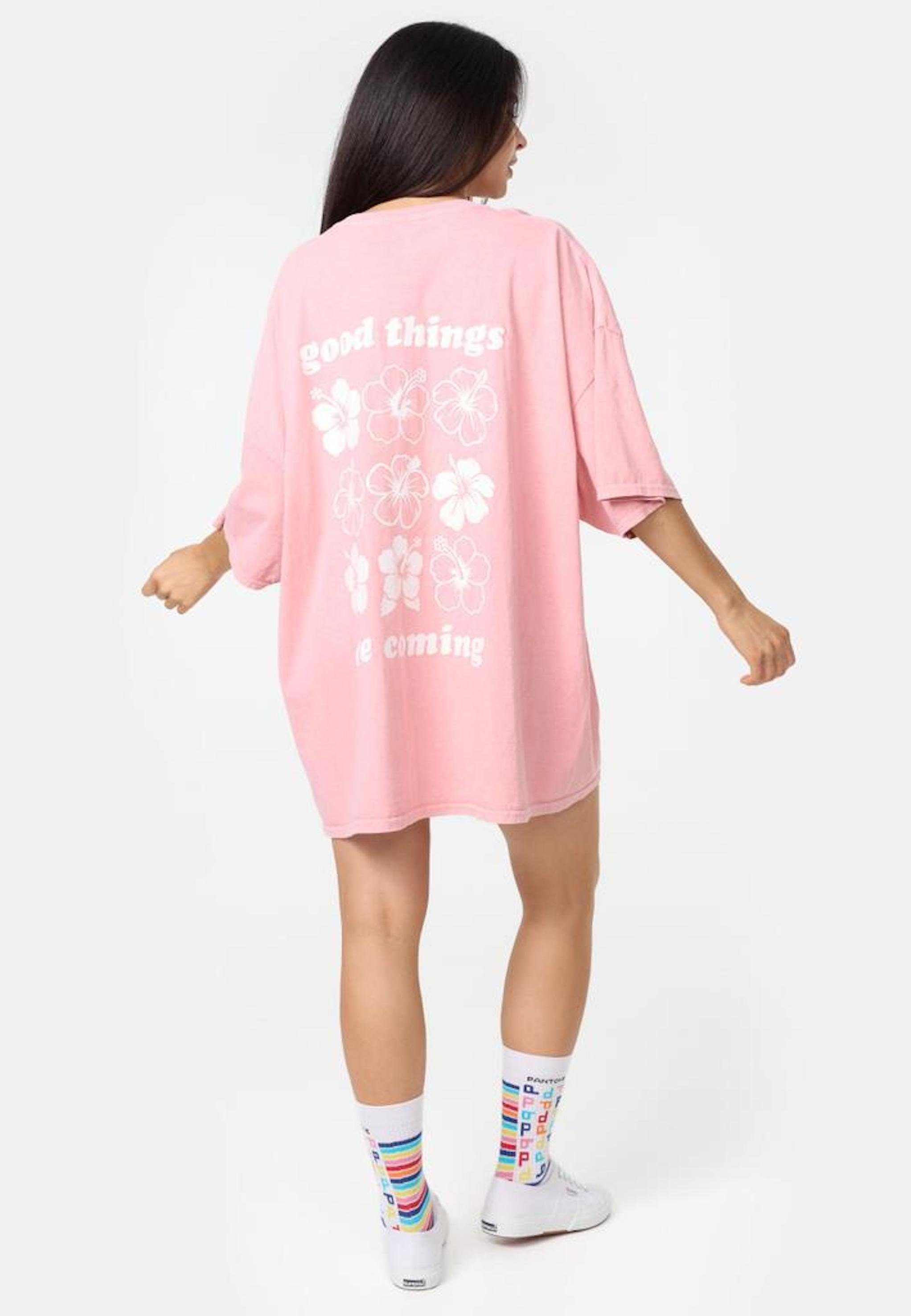 Worldclassca T-Shirt Worldclassca Oversized Print Flower T-Shirt lang Tee Sommer Oberteil Rosa