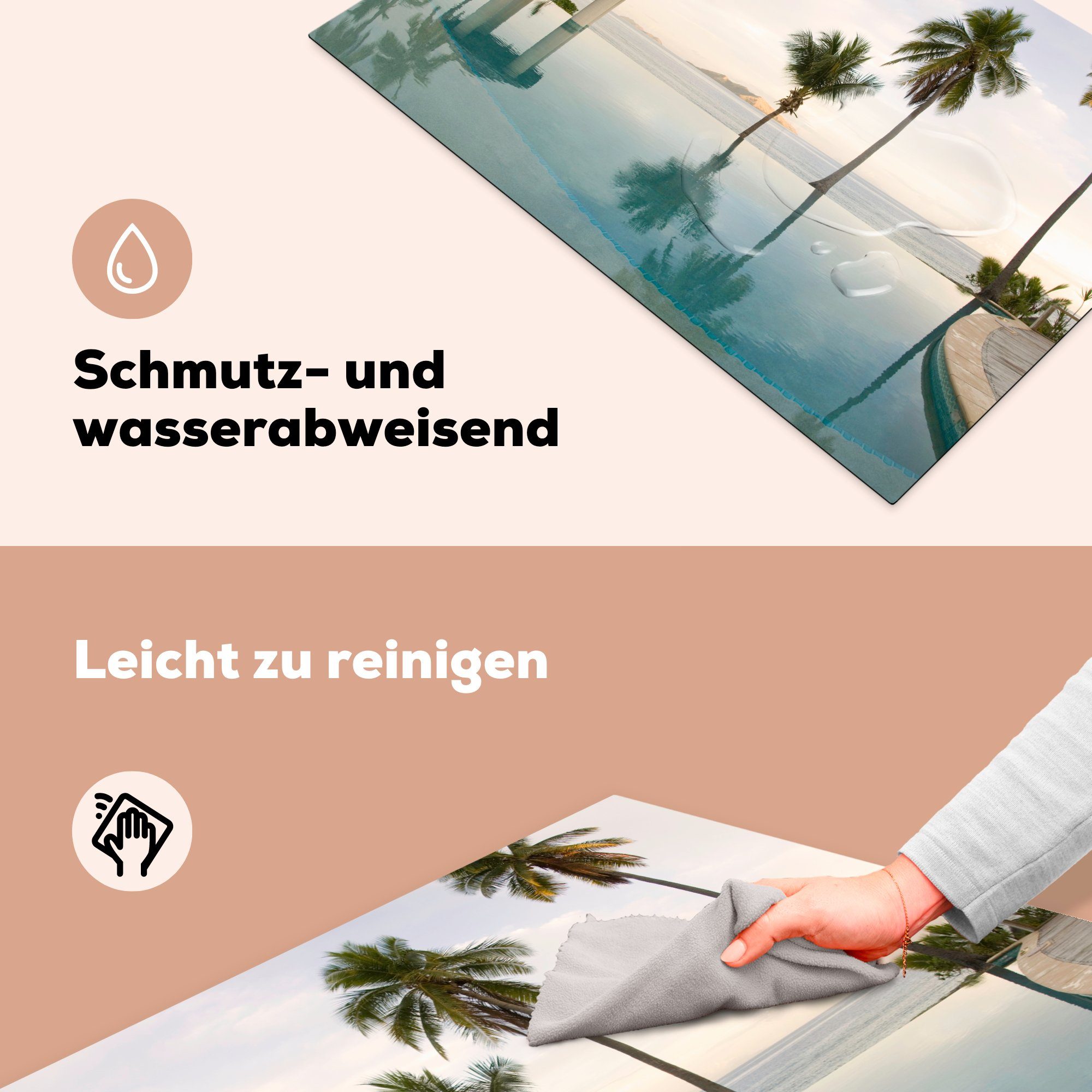 MuchoWow Herdblende-/Abdeckplatte Ein Palmen, mit die Infinity-Pool küche, cm, 81x52 für Vinyl, Ceranfeldabdeckung tlg), (1 Schutz Induktionskochfeld