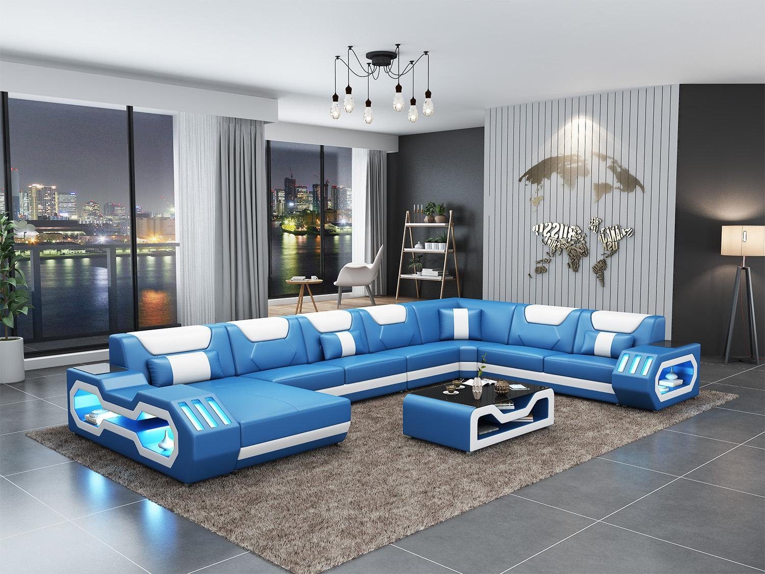 JVmoebel Wohnlandschaft Graues U-Form Ecksofa mit Lederpolsterung und blauem Couchtisch, Made in Europa