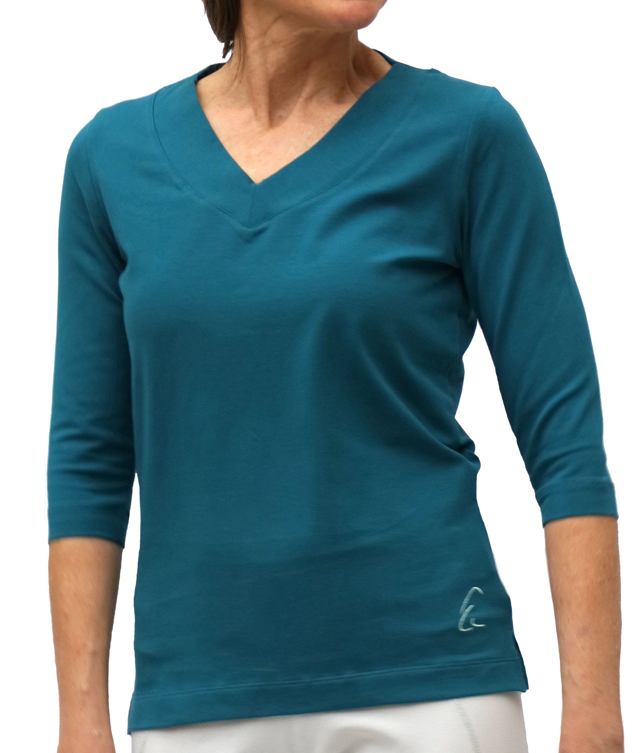 ESPARTO Yogatop Damen-Shirt Sundar in Bio-Baumwolle lang geschnitten und leicht geschlitzt, 2/3 Ärmel, V-Ausschnitt Petrol