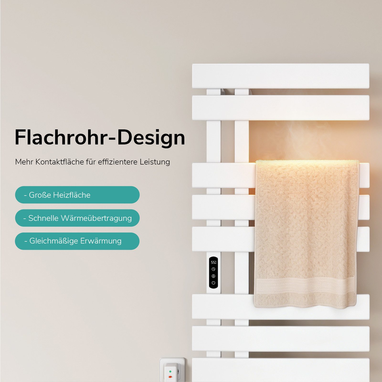 EMKE Elektrischer Badheizkörper Handtuchtrockner mit Smart Thermostat WiFi/APP-Steuerung Timer, Handtuchtrockner Flach Badheizkörper Links 100×50 cm Weiß