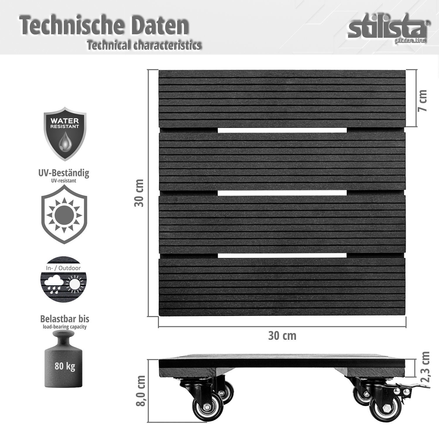 u. Rollbrett, Pflanzenroller Modell- Zubehör Farbwahl diverse Blumentopfuntersetzer max. festellbare Bremse, bis Braun STILISTA WPC Kübelroller, Transporthilfe, Töpfe Blumenroller für 80kg,