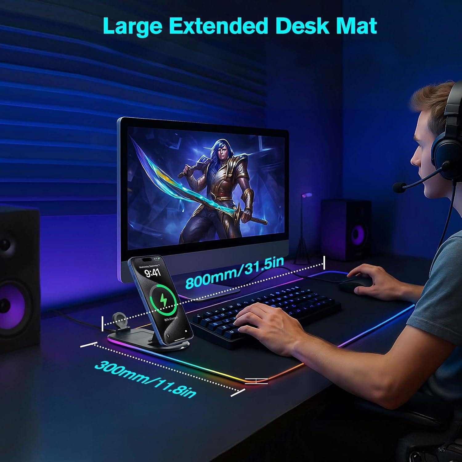 ibettertec Gaming Mauspad RGB Mousepad Induktive Ladestationen, 3 in1 MagSafe Ladegerät (für Büro und Zuhause, schwarz, Wireless Charger, Wasserfestes Mauspad m – Bild 4 von 5