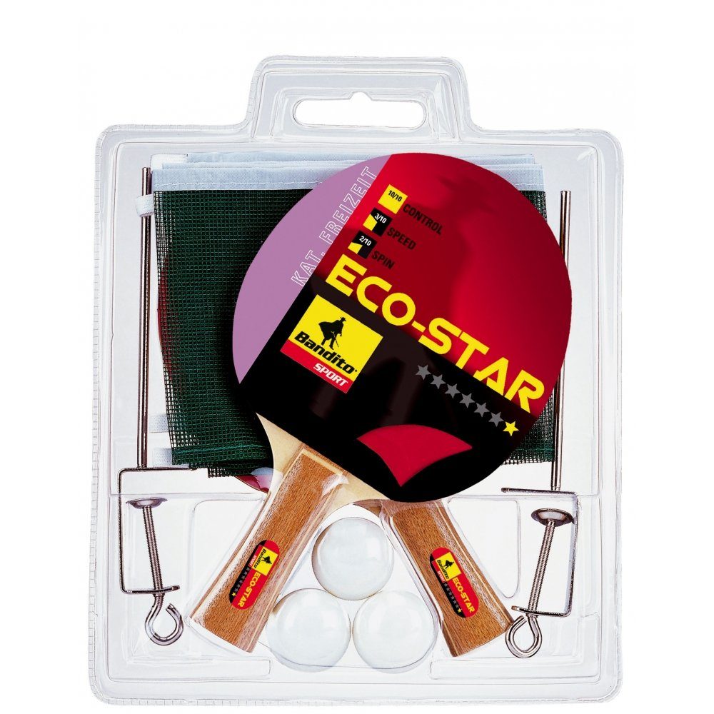 Bandito Tischtennisschläger TT-Komplett Set Eco Star * (2 Schläger, 3 Bälle * + Netz) (Spar-Set, mit Bällen, mit Netz)