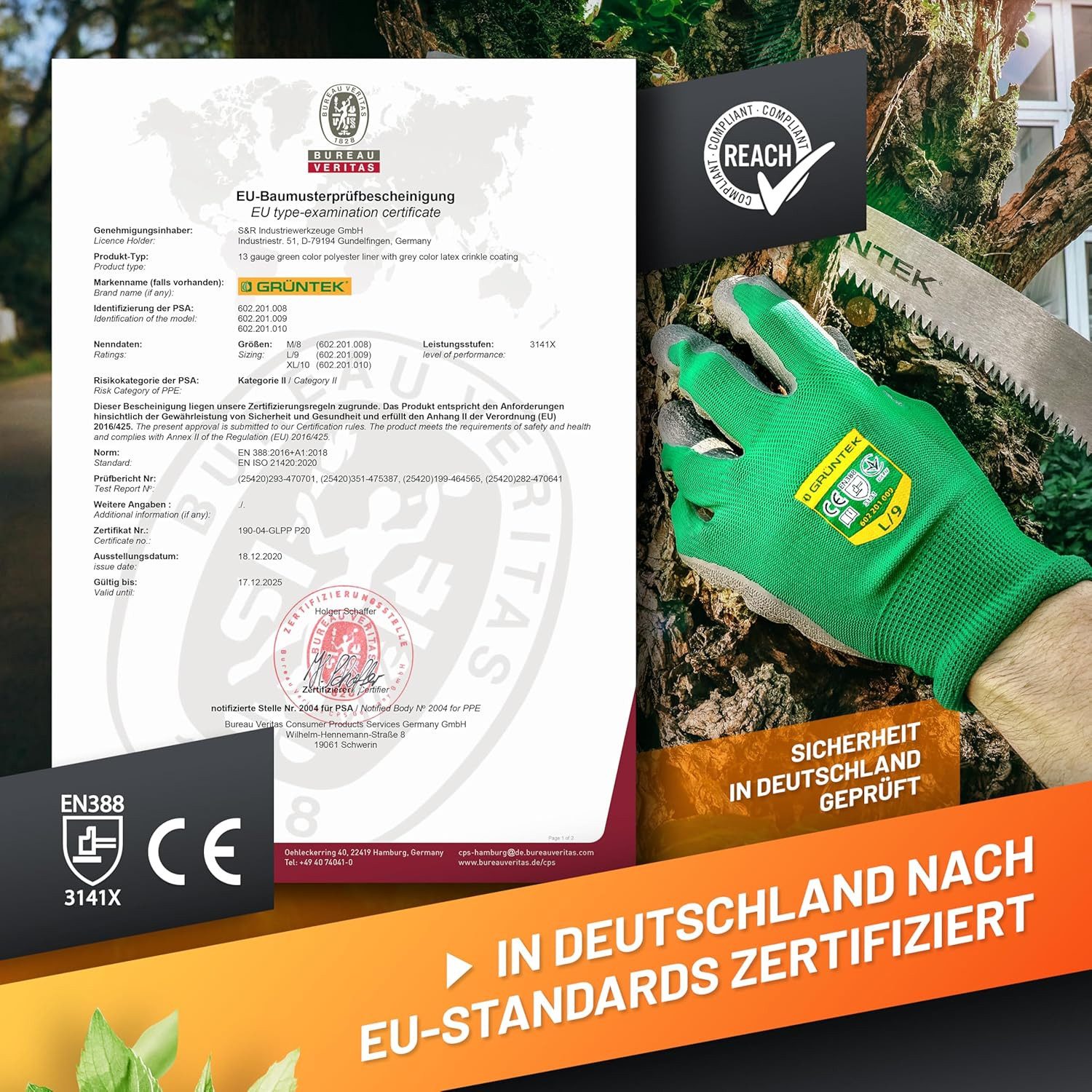 GRÜNTEK Gartenhandschuhe Schutzhandschuhe 5 Paar aus Polyesterfaser mit Latexbeschichtung (Set, 10-St., 5 Paar L/9) geeignet für den privaten und gewerblichen Gebrauch