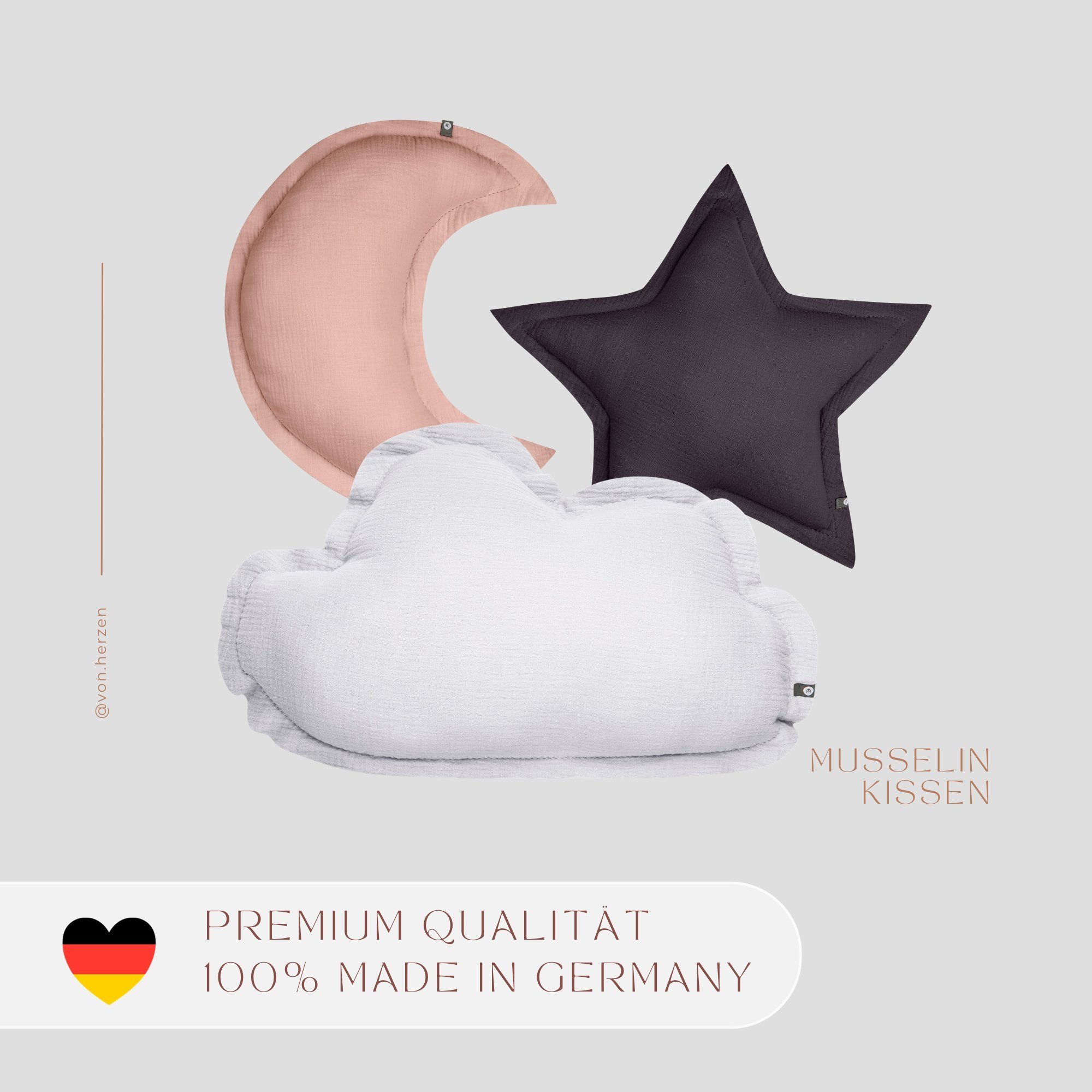 von Herzen Babykissen Musselinkissen Kinderkissen Kuschelkissen Stern aus 100% Baumwolle, handgenäht