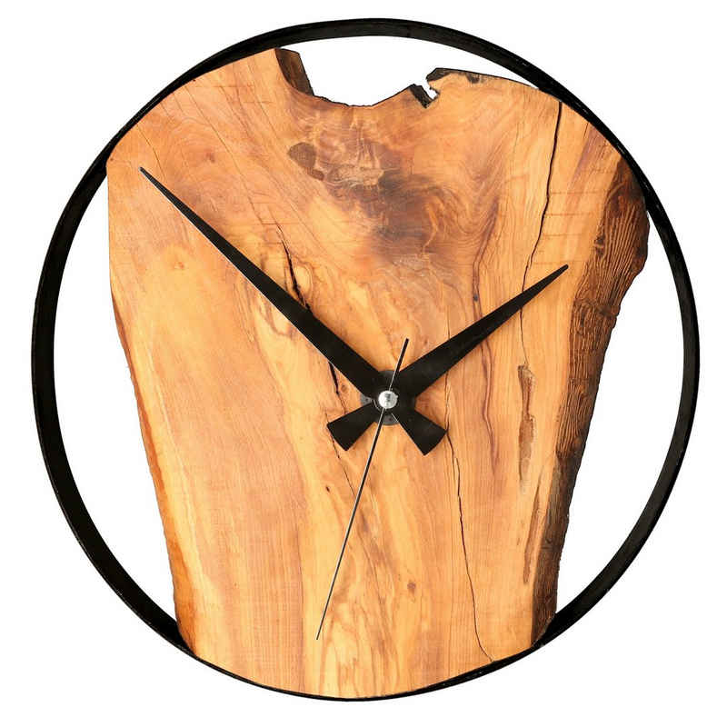 Lantelme Wanduhr »Holz Zimmeruhr mit Metallrahmen« (Olivenholz Uhr mit einzigartiger Maserung, geräuschloses Uhrwerk)