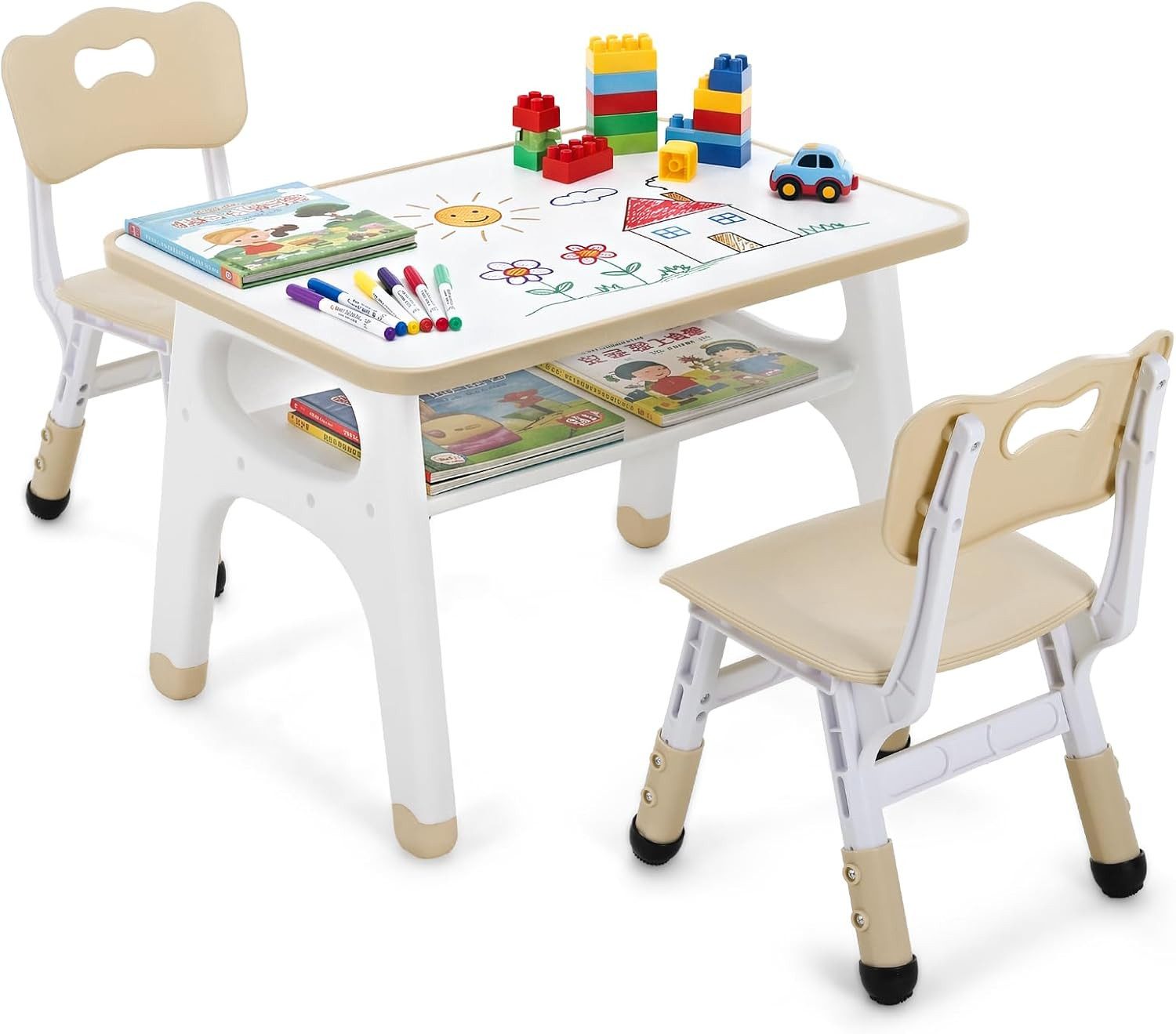 TLGREEN Kindertisch Ergonomisches Kinderschreibtisch Set höhenverstellbar (mit Stuhl, viel Stauraum, mitwachsender Hausaufgaben Tisch), für Kinder 3 bis 12 Jahre, abgerundete sichere Ecken