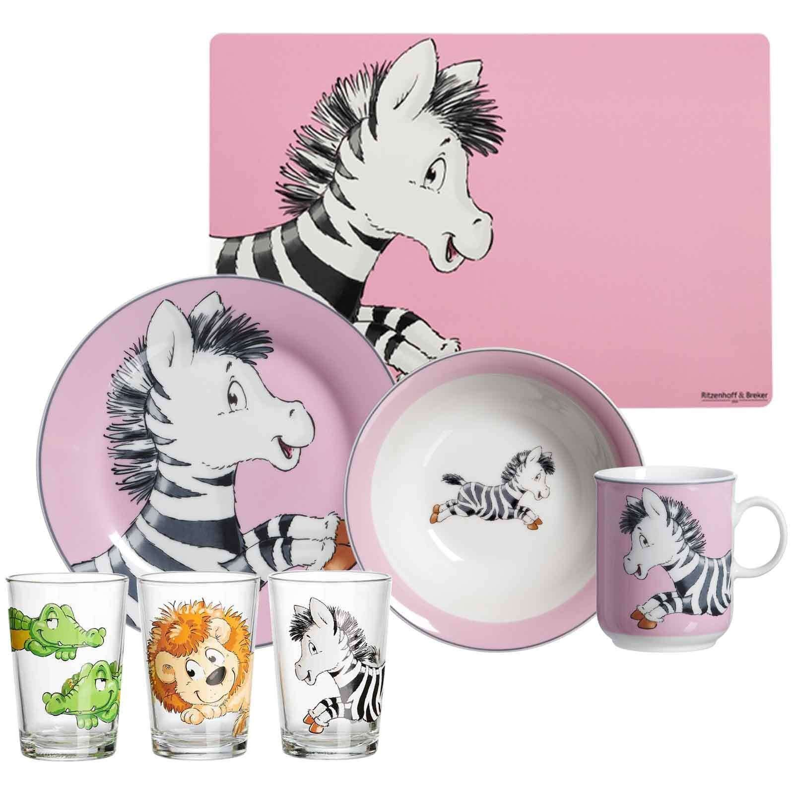 Ritzenhoff & Breker Kindergeschirr-Set Happy Zoo Zebra Geschirr-Set mit Kinderbecher (7-tlg), Material-Mix