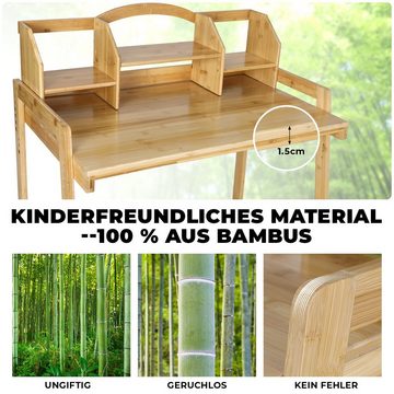 TLGREEN Kinderschreibtisch Bambus Holz Schreibtisch mit Stuhl, Höhenverstellbar, mit Buchhalterung Stauraum