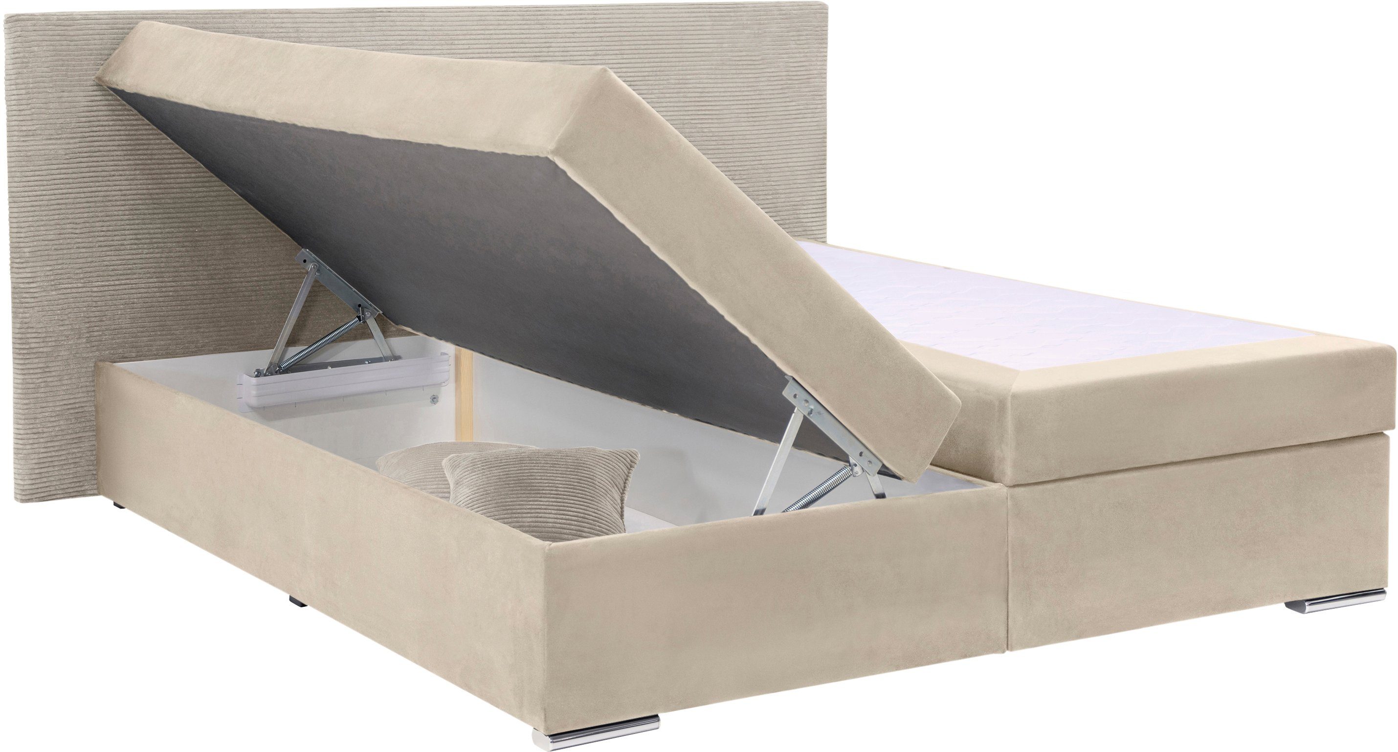 beige Cordbezug Bettkasten H2 o. INOSIGN Kopfteil Inkl. Boxbett Topper, in Evina, beige in / wahlbar H3, &