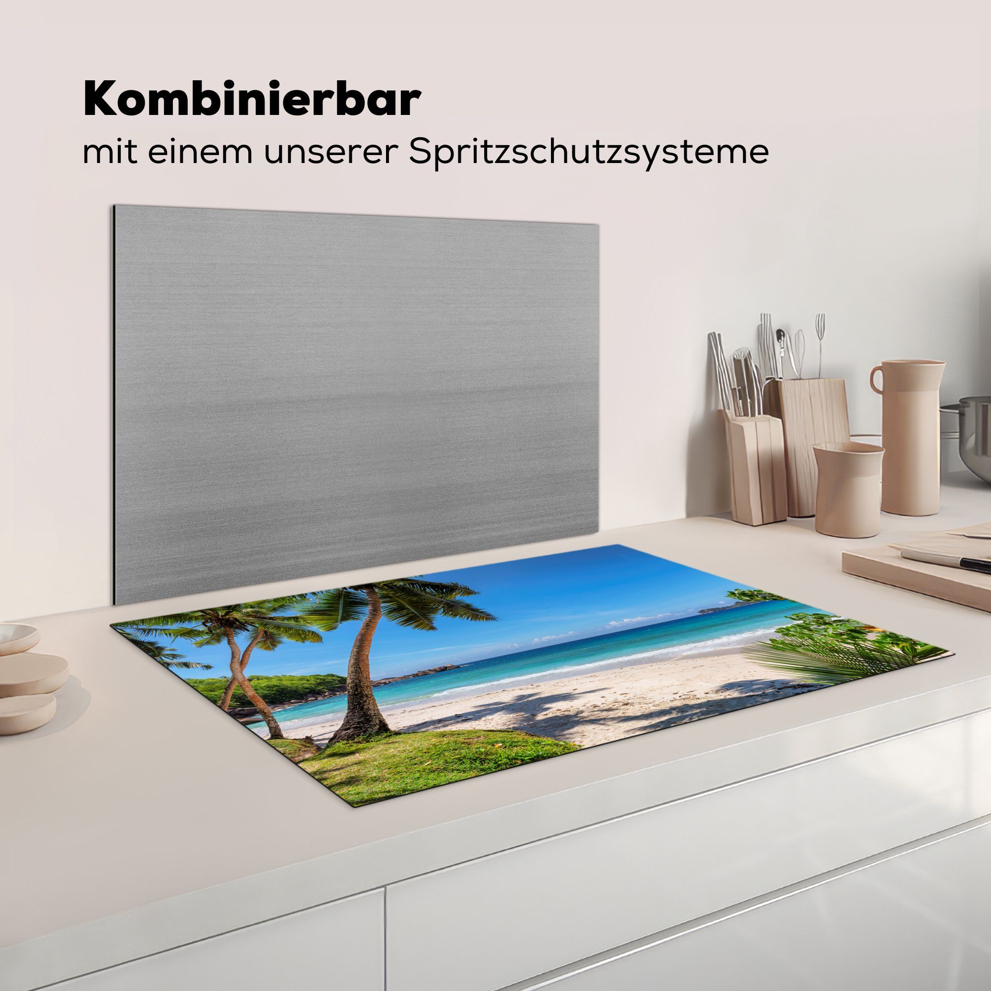Vinyl, Meer Induktionskochfeld küche, MuchoWow - Herdblende-/Abdeckplatte Schutz Palmen Strand die - für Ceranfeldabdeckung Sonne, (1 - tlg), cm, 81x52