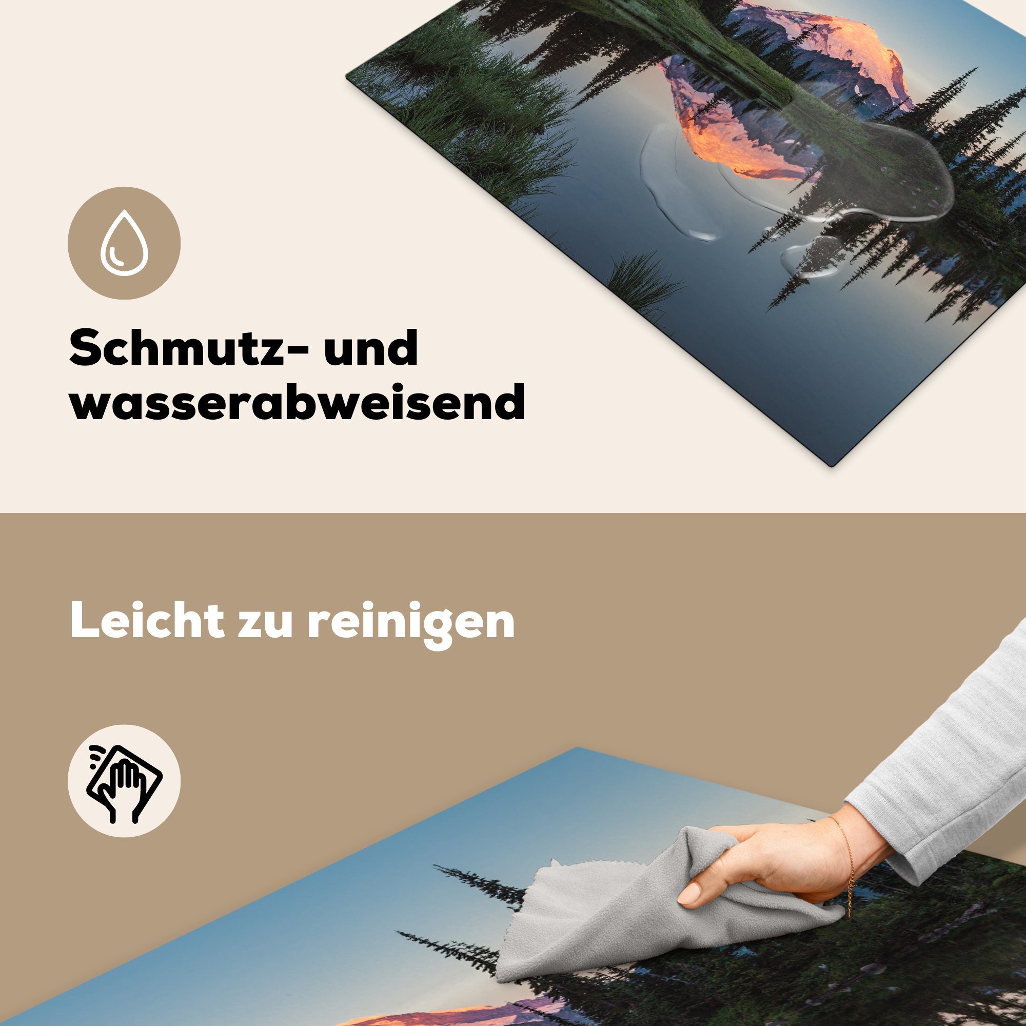 die cm, Herdblende-/Abdeckplatte Wasser küche, Park, Berg tlg), des Ceranfeldabdeckung Der (1 Vinyl, für spiegelt Mount sich im National Rainier Induktionskochfeld Schutz MuchoWow 71x52